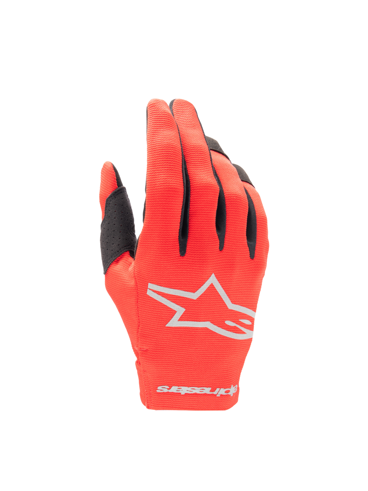Alpinestars Radar 2025, męskie rękawice motocyklowe do motocrossu, czerwone i srebrne, lekki elastyczny materiał tekstylny, srebrne logo Astars na grzbiecie dłoni, odzież off-road