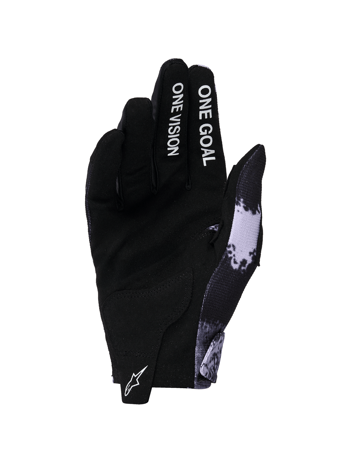 Alpinestars 2026 Radar Gloves, Motocross Gloves, Iron Camo and Black, palm view featuring synthetic suede construction, 'ONE GOAL ONE VISION' text on fingers, white Astars logo on the pull tab, sleek off-road performance design
