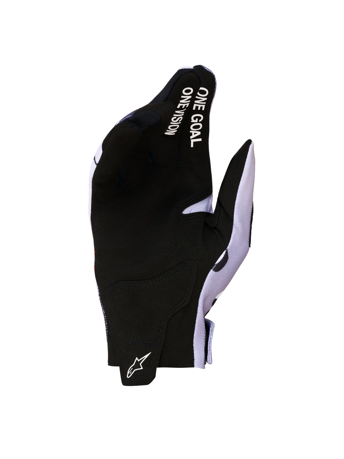 Alpinestars Rękawice Radar 2027, rękawice motocyklowe motocrossowe, męskie, czarne i szare, widok dłoni z syntetycznego zamszu, branding One Goal One Vision