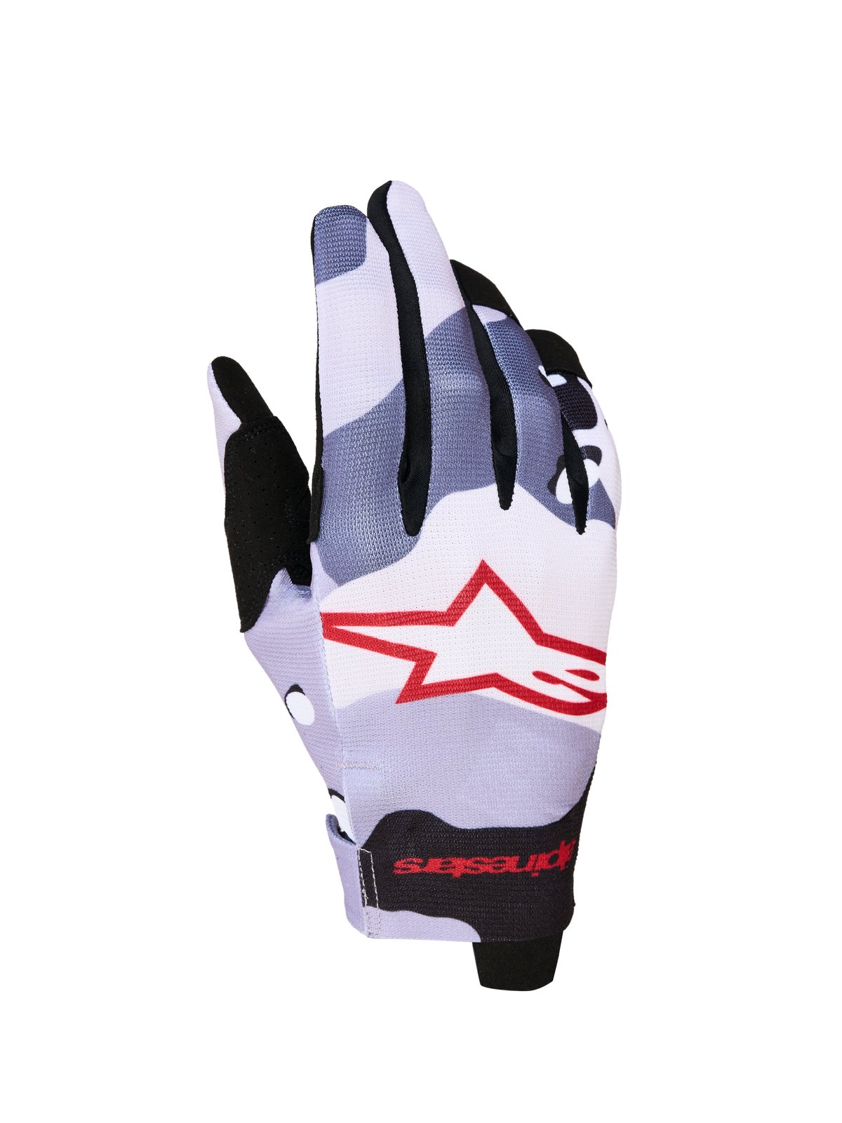 Alpinestars Radar 2027, męskie rękawice motocyklowe do motocrossu, szare i czerwone, jednowarstwowy materiał z sublimowaną grafiką gwiazdy.