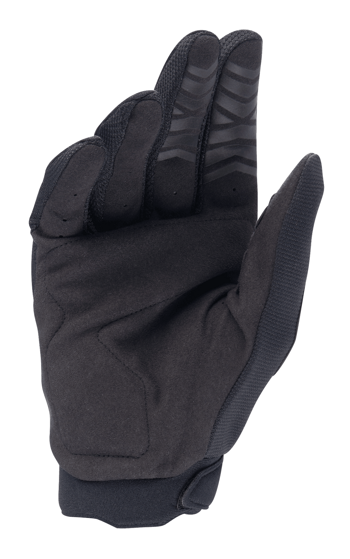 Alpinestars Honda Full Bore Gloves, rękawice motocrossowe, czarne, widok wewnętrznej części dłoni z syntetycznego zamszu dla trwałości, silikonowy nadruk na opuszkach palców i wzmocniona naszywka na kciuku, zaprojektowane do jazdy off-road