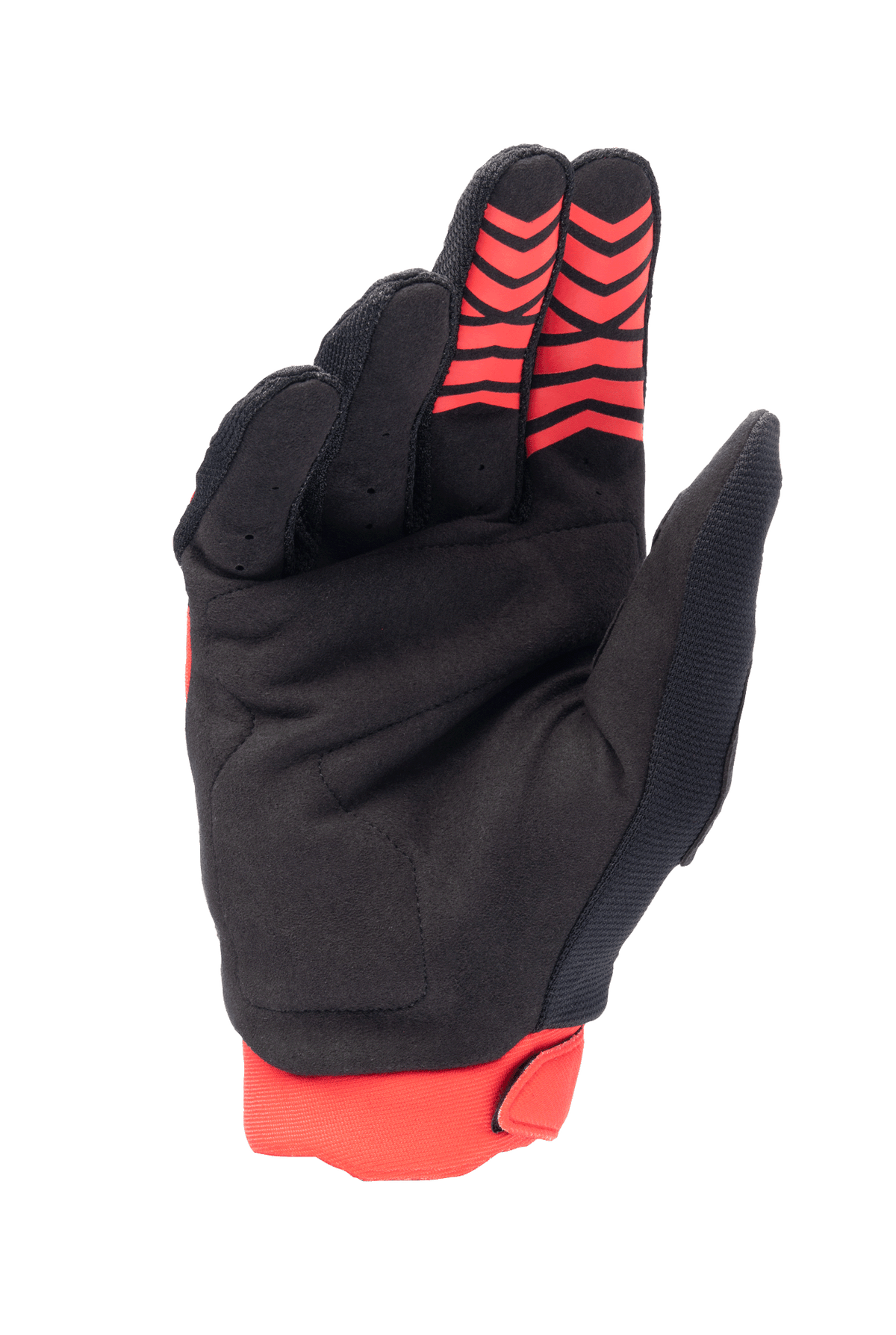 Rękawice Alpinestars Honda Full Bore, rękawice motocrossowe, jaskrawoczerwone i czarne, widok dłoni z materiału z syntetycznego zamszu, czerwone silikonowe wzory na opuszkach palców, czerwony elastyczny mankiet, wytrzymała konstrukcja do wyścigów terenowych
