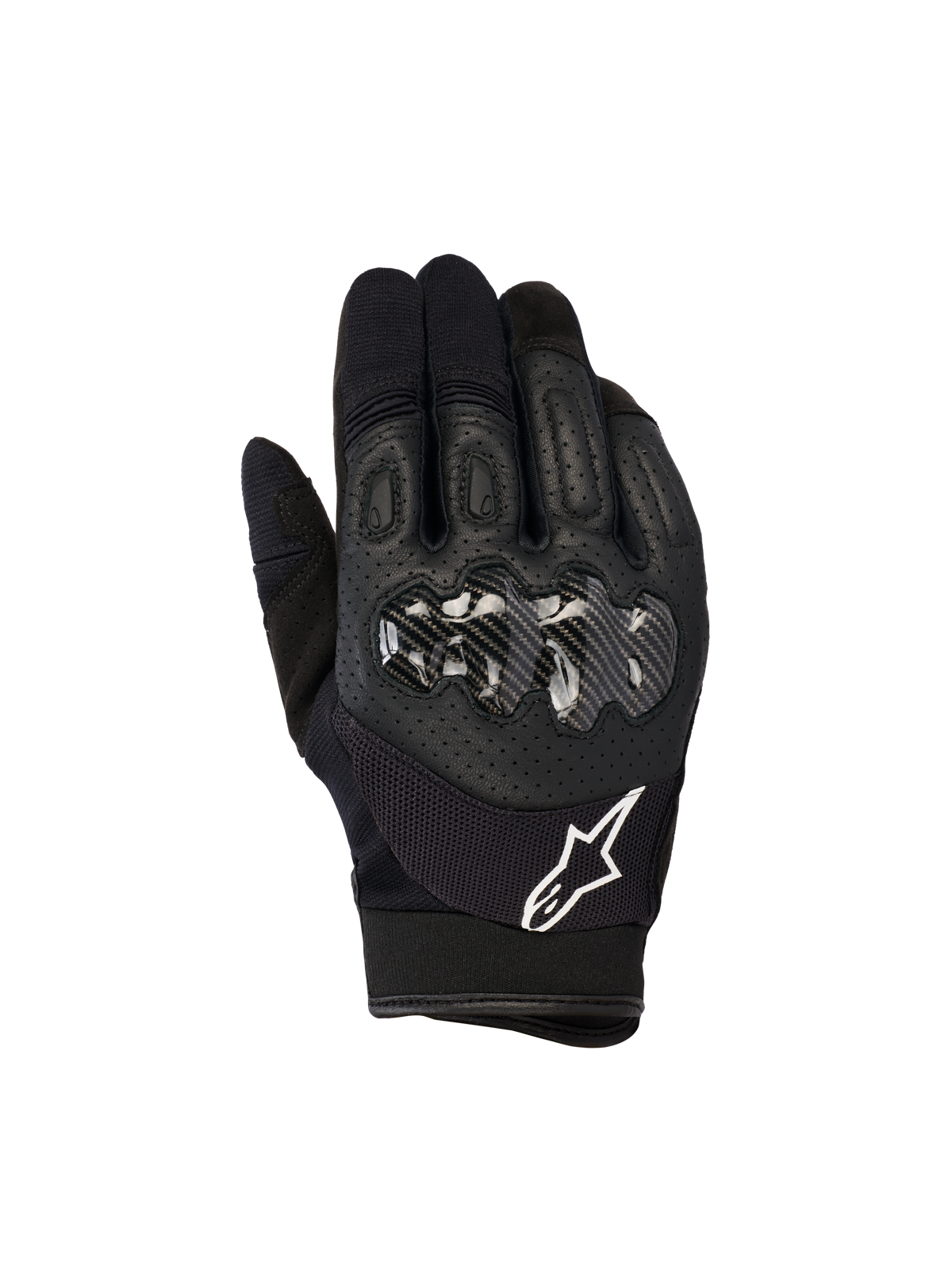 Rękawice Alpinestars Megawatt V2, rękawice do motocrossu i enduro, czarne, twardy ochraniacz kostek o wykończeniu imitującym włókno węglowe, perforowana skóra na wierzchu dłoni dla oddychalności, białe logo Alpinestars na mankiecie, trwała ochrona off-road