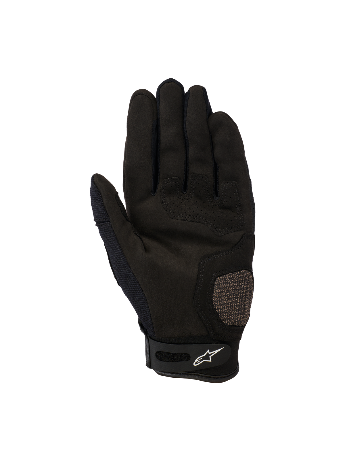Rękawice Alpinestars Megawatt V2, rękawice motocrossowe i enduro, czarne, widok od strony dłoni z wzmocnionymi obszarami kciuka i dłoni, perforowane detale zapewniające przepływ powietrza oraz zapięcie na rzep na nadgarstku z logo Alpinestars
