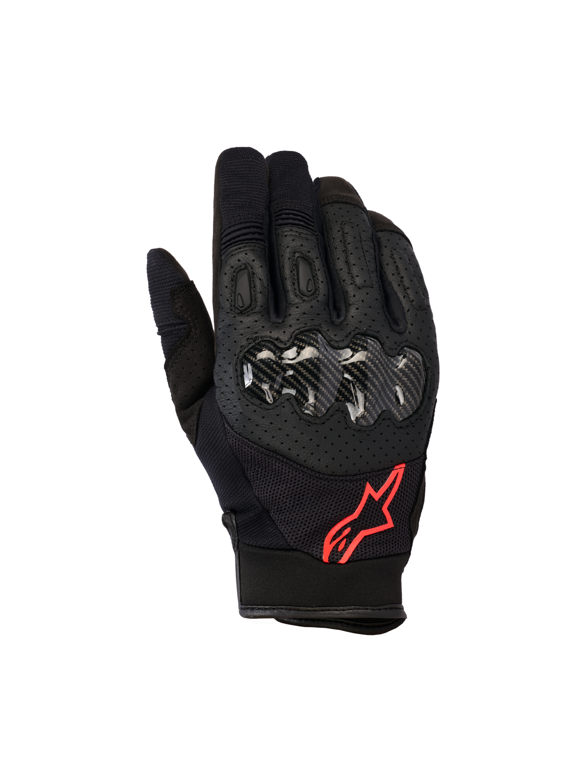 Alpinestars Megawatt V2, rękawice motocrossowe, czarne i czerwone fluo, z twardym ochraniaczem kostek o teksturze karbonu, perforowaną skórą zapewniającą wentylację i czerwonym logo z gwiazdą, wytrzymały sprzęt off-road