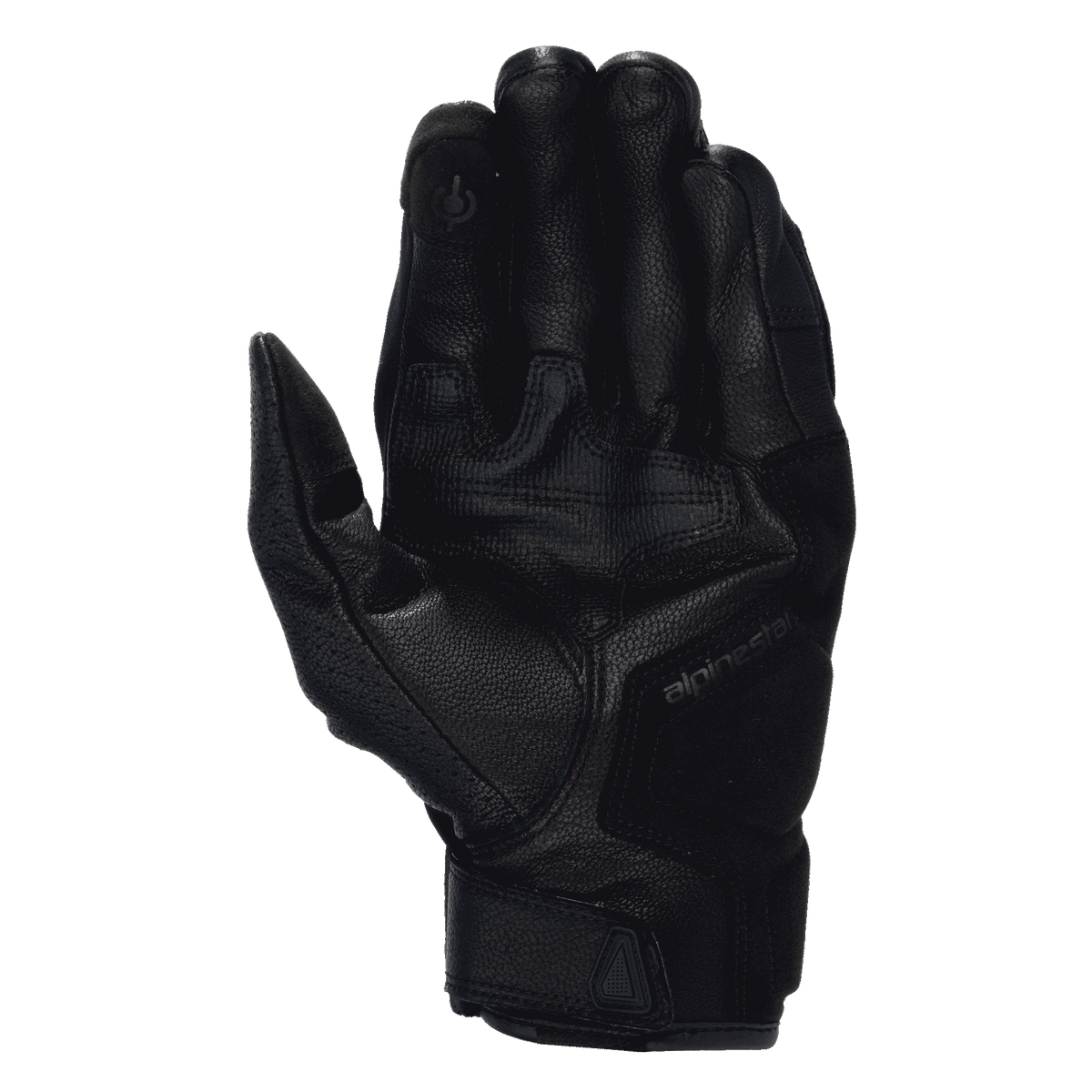 Alpinestars Celer V3, męskie rękawice motocyklowe, czarna skóra kozia, widok dłoni z palcem do ekranów dotykowych.