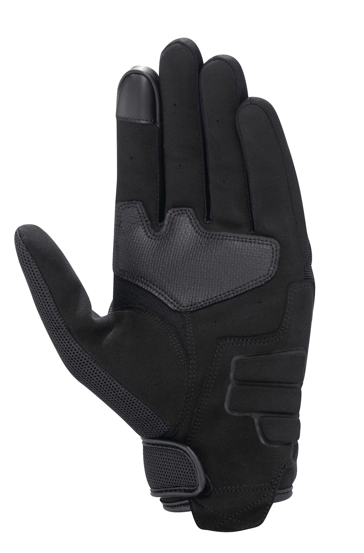 Alpinestars Honda Copper Glove, czarne, widok od strony dłoni miejskich rękawic motocyklowych, konstrukcja z syntetycznego zamszu, wzmocniony obszar dłoni, końcówka palca kompatybilna z ekranami dotykowymi, zapięcie na rzep na nadgarstku.