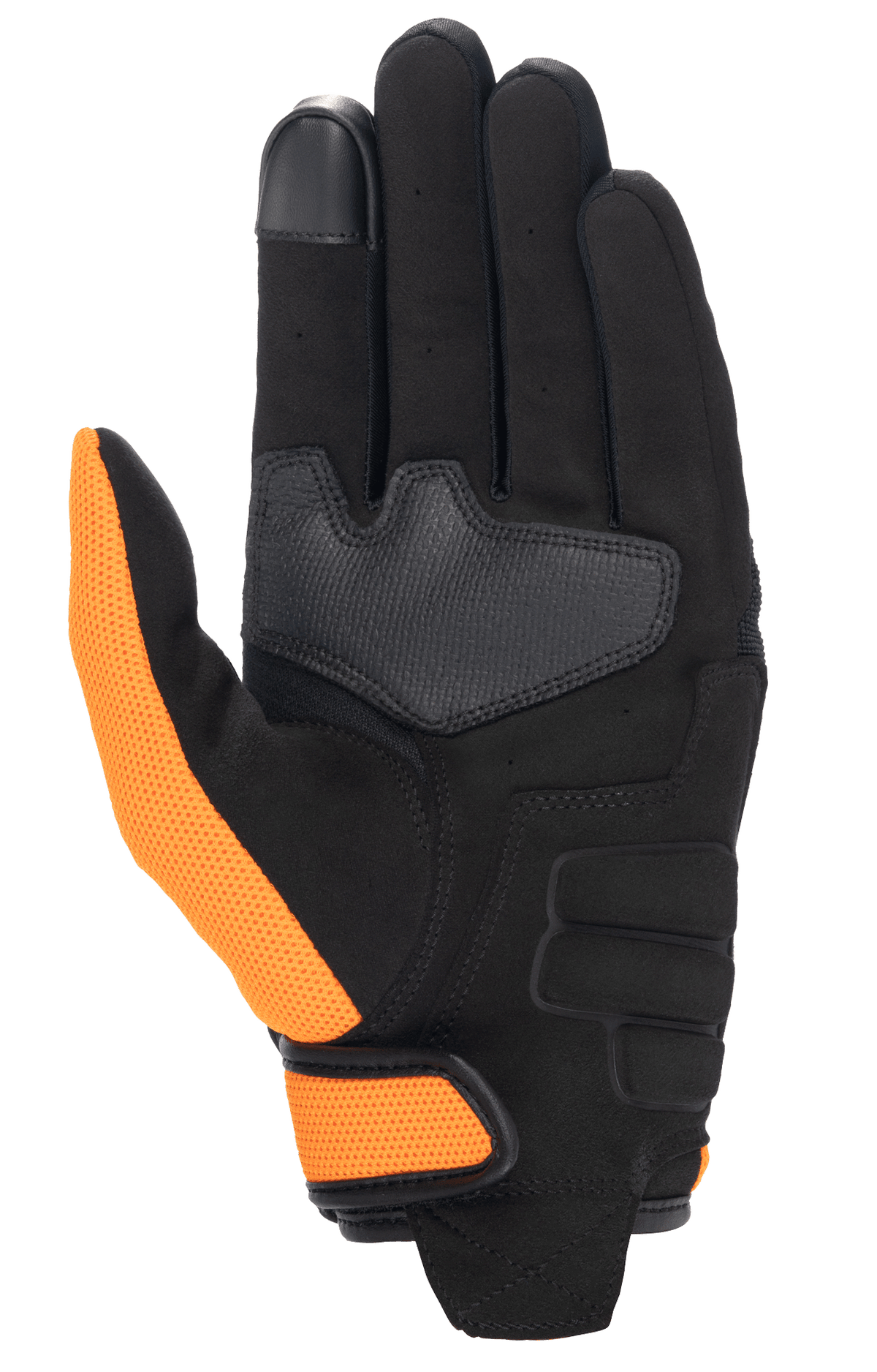 Honda Copper Glove, rękawica motocyklowa, czarno-pomarańczowa, widok od strony dłoni z syntetycznego zamszu, pomarańczowy kciuk z siateczki mesh i pasek na nadgarstku, końcówka palca wskazującego kompatybilna z ekranem dotykowym