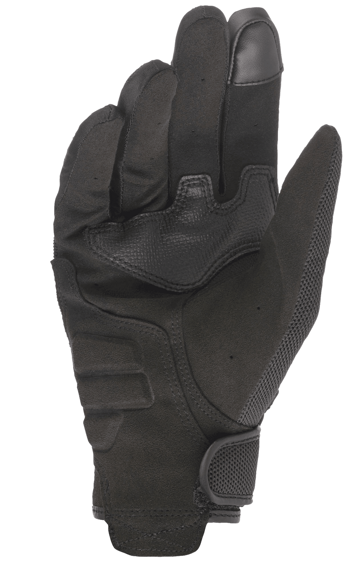 Alpinestars Copper Gloves, miejskie rękawice motocyklowe, czarne, widok od strony dłoni prezentujący konstrukcję z syntetycznego zamszu, wzmocnioną wyściółkę dłoni, palec wskazujący kompatybilny z ekranami dotykowymi oraz detale z siatki i zapięcie na rzep na nadgarstku.