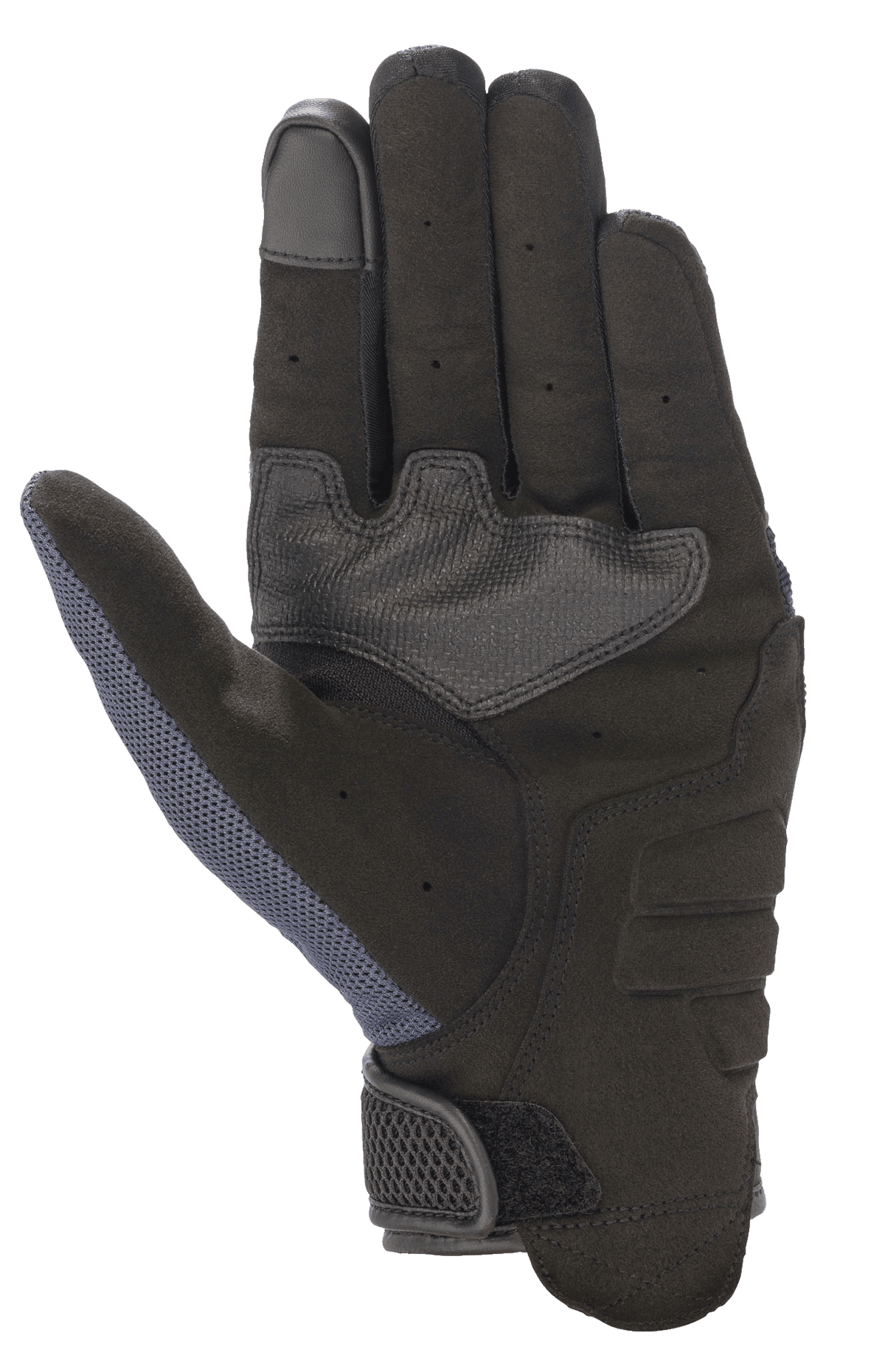 Alpinestars Copper Gloves, rękawice motocyklowe, Mood Indigo, widok dłoni, konstrukcja z syntetycznego zamszu, wzmocniona wyściółka, końcówka palca kompatybilna z ekranem dotykowym, siatkowy panel na kciuku, lekka ochrona miejska