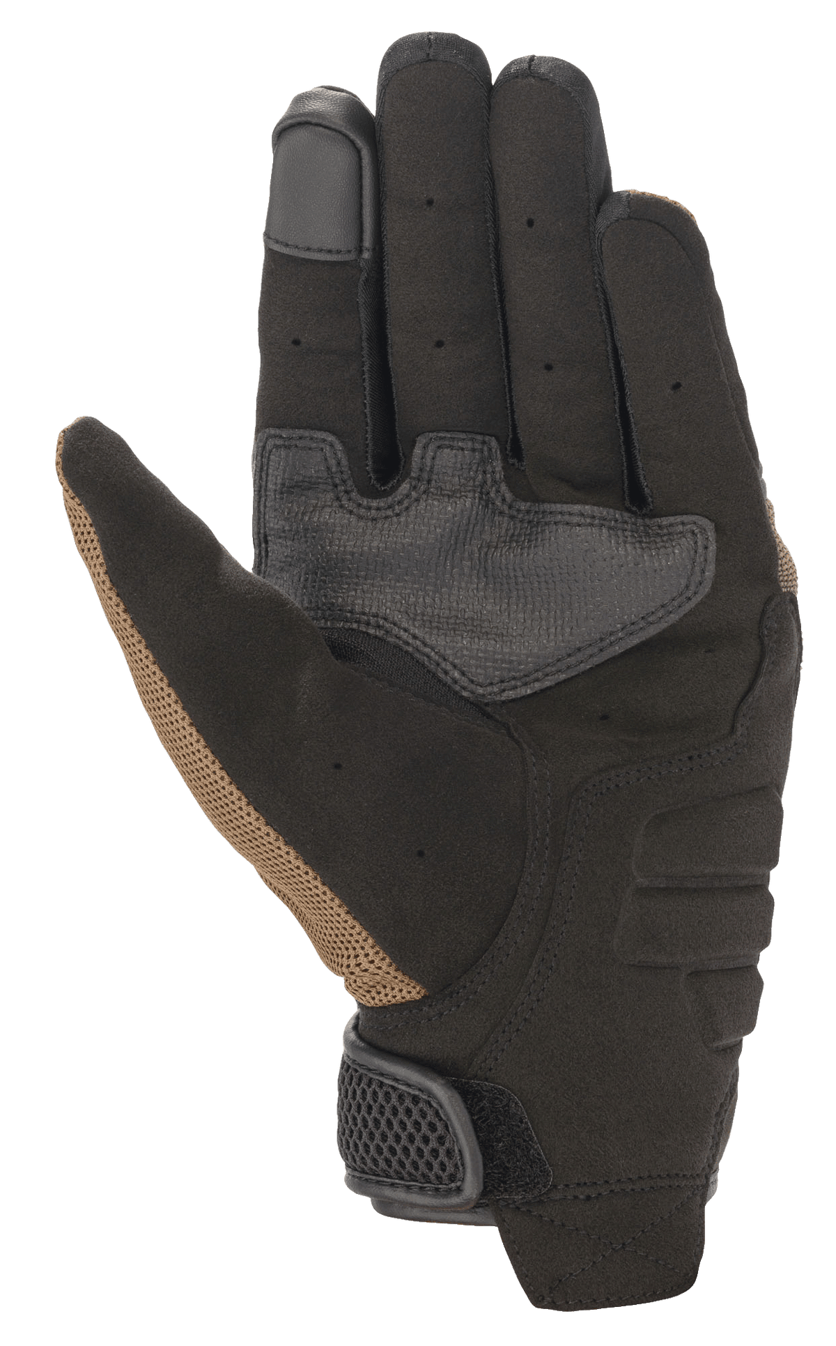 Alpinestars Copper Gloves, miejskie rękawice motocyklowe, brązowo-czarne, widok dłoni z konstrukcją z syntetycznego zamszu, wzmocnione panele chwytne, opuszka palca kompatybilna z ekranami dotykowymi i perforowane detale na palcach