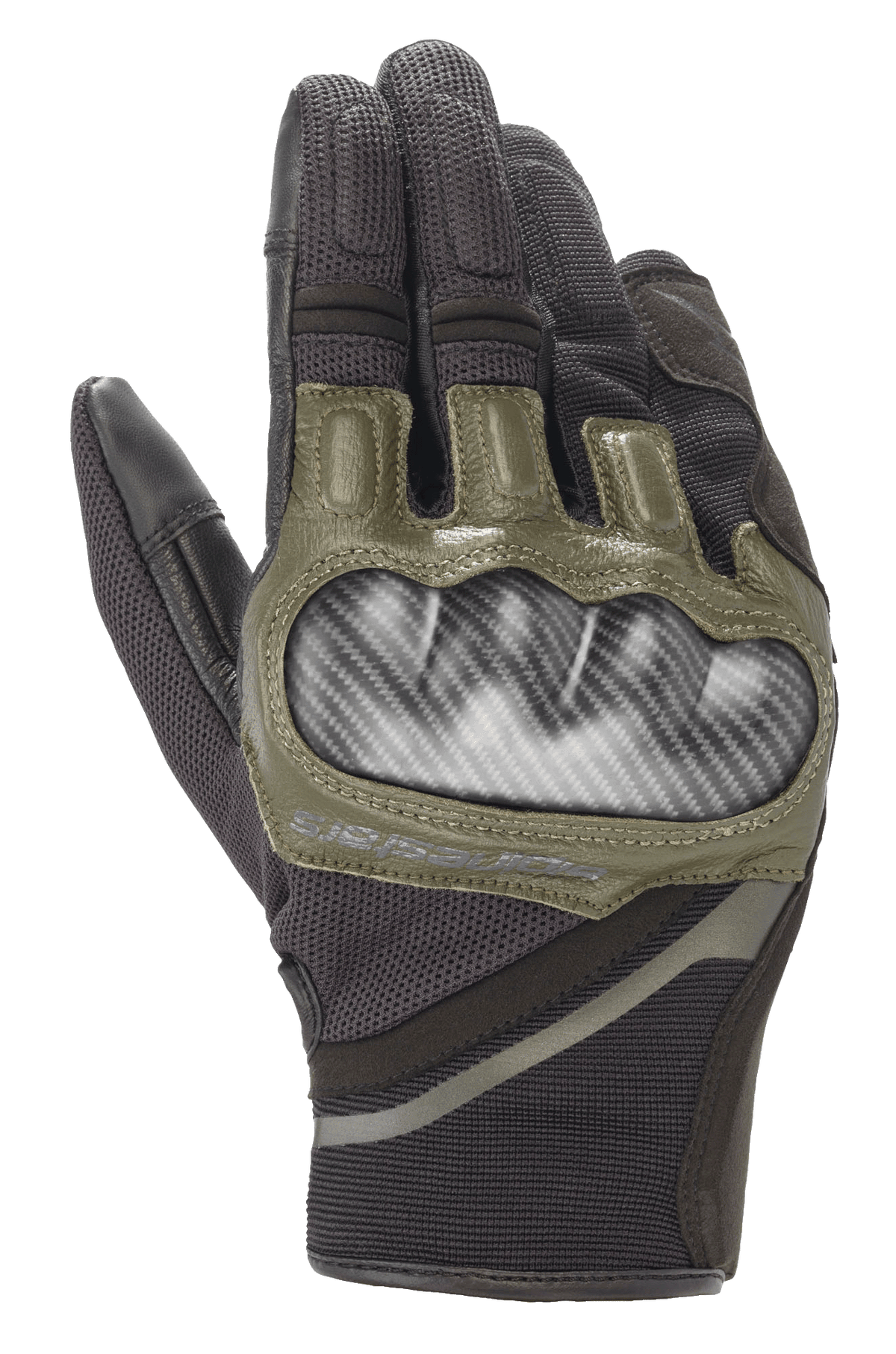 Alpinestars Chrome Gloves, rękawice motocyklowe, czarno-zielone (Forest Green), z twardym ochraniaczem kostek o wyglądzie włókna węglowego, oliwkowozielonymi skórzanymi akcentami i wytrzymałą wielopanelową konstrukcją tekstylną