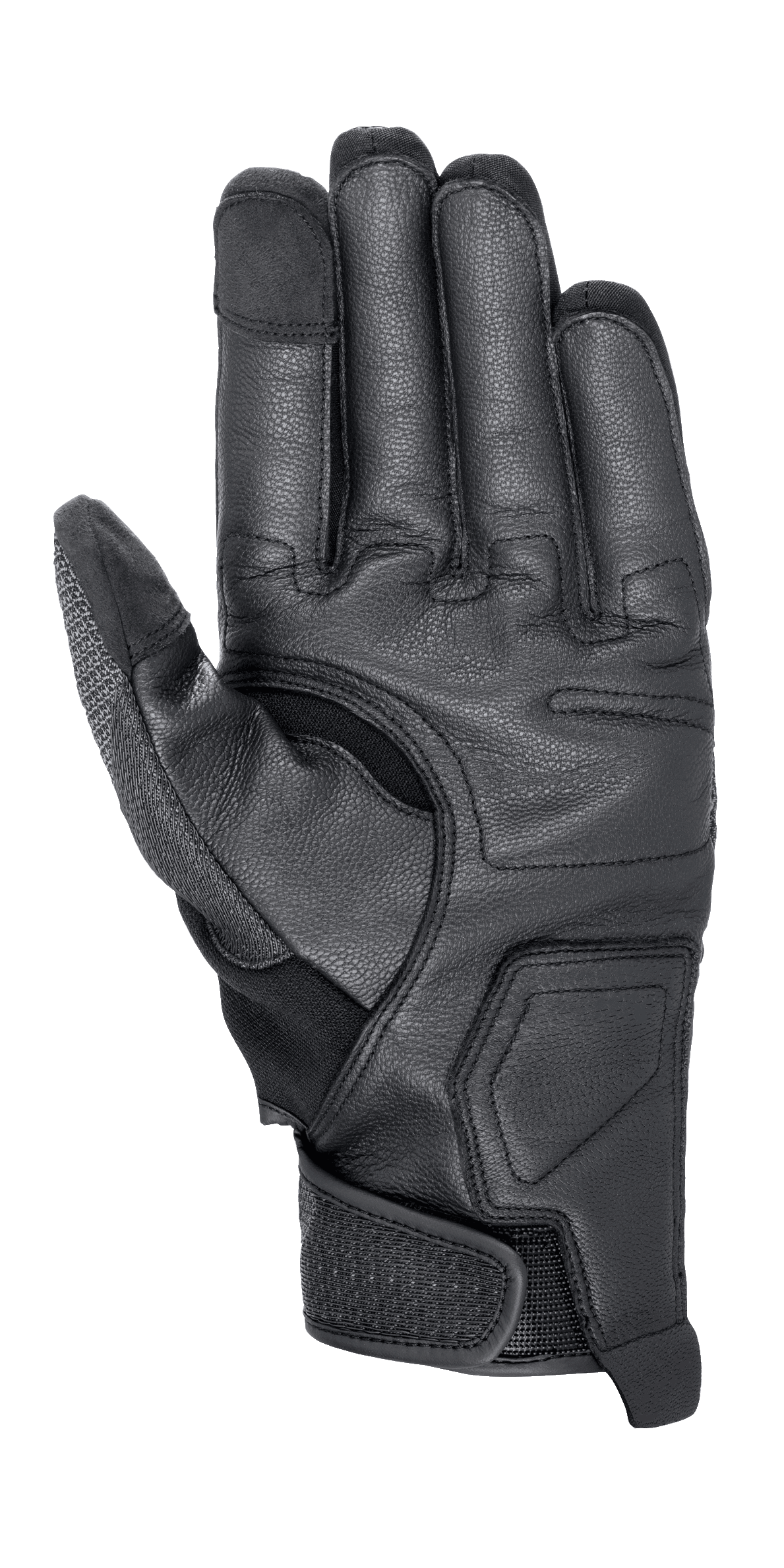 Alpinestars Morph Street Gloves, rękawice motocyklowe, czarne, widok od strony dłoni pokazujący wzmocnione panele ochronne, opuszki palców kompatybilne z ekranami dotykowymi oraz regulowany pasek na nadgarstku dla bezpiecznego dopasowania