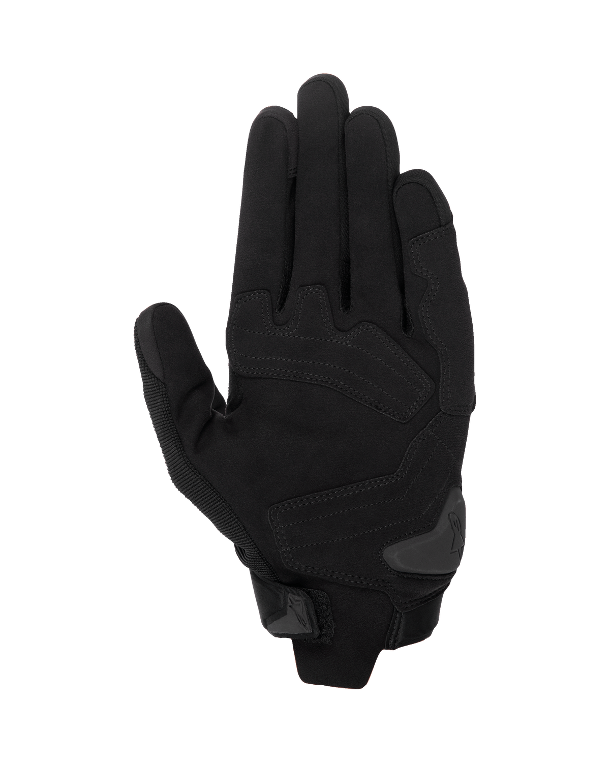 Alpinestars SP X 1 Gloves, czarne rękawice motocyklowe, widok od strony dłoni przedstawiający konstrukcję ze skóry syntetycznej ze wzmocnionymi strefami uderzenia, ślizgacz dłoni TPR i kompaktowe zapięcie mankietu.