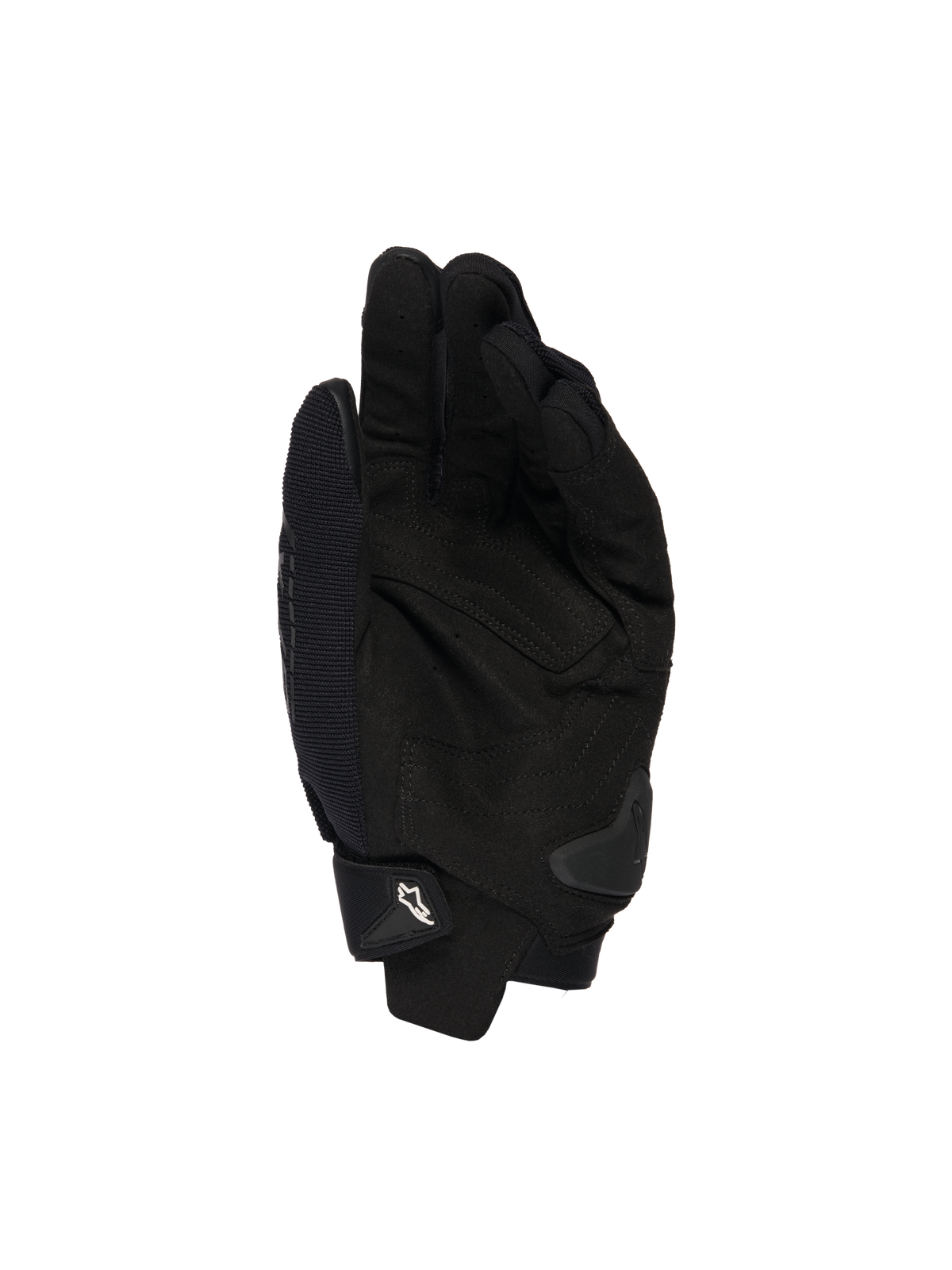 Alpinestars SP X 1 Gloves, Black, palm view showing synthetic leather construction for grip, TPR palm slider for impact protection, and adjustable cuff with white Alpinestars logo, motorcycle sport gear