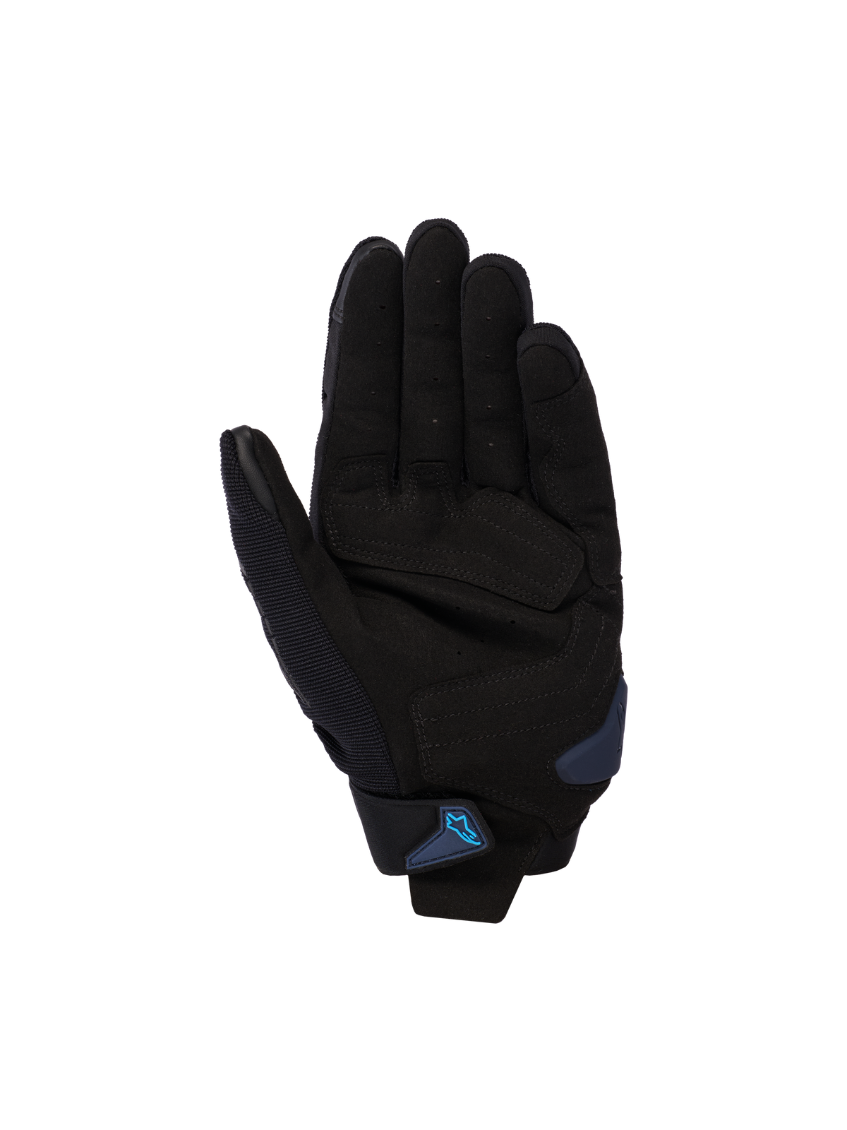 Alpinestars SP X 1 Gloves, czarno-niebieskie, widok od strony dłoni przedstawiający wnętrze dłoni z syntetycznej skóry ze wzmocnionymi strefami uderzenia, niebieski slider dłoni oraz pasek na nadgarstku z niebieskim logo Alpinestars, sportowy sprzęt motocyklowy