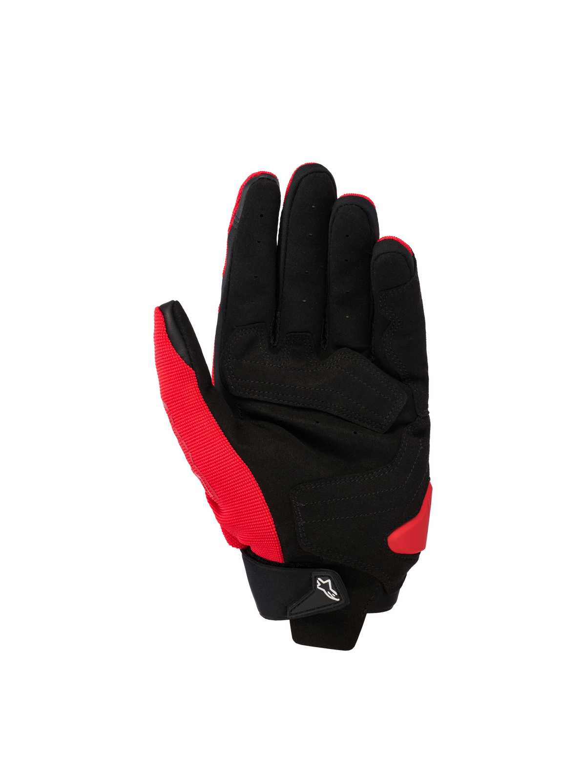 Rękawice Alpinestars SP X 1, sportowe rękawice motocyklowe, czerwono-czarne, widok od strony dłoni ukazujący spód z syntetycznej skóry ze wzmocnionymi strefami, czerwona elastyczna tkanina z boku i na kciuku, czarny mankiet z małym białym uchwytem z logo Astars i czerwony slider dłoni z TPR