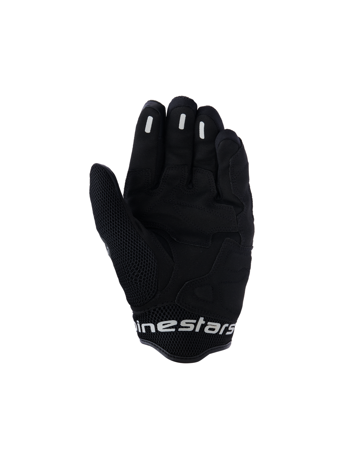 Alpinestars Mogress Airflow Gloves, miejskie rękawice motocyklowe, Anthracite Black, widok od strony dłoni ze wzmocnieniami syntetycznymi i strefami siatki 3D, silikonowe wstawki na palcach, krótki mankiet z białym logo