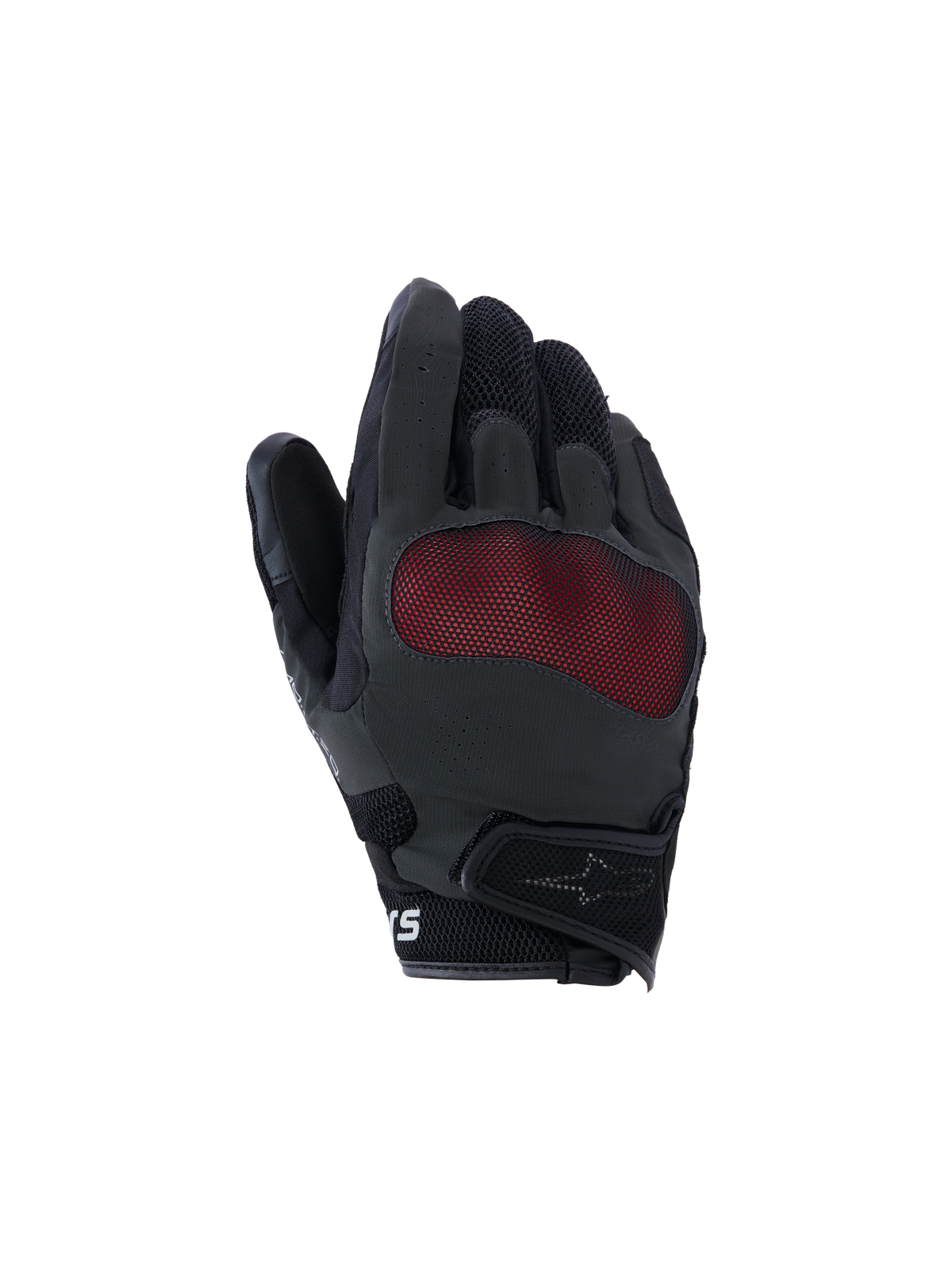 Alpinestars Mogress Airflow Gloves, rękawice motocyklowe, czarno-czerwone, widok wierzchu dłoni z czerwoną siatkową ochroną kostek, oddychające panele z siatki 3D, krótki mankiet z zapięciem na rzep, miejski styl jazdy