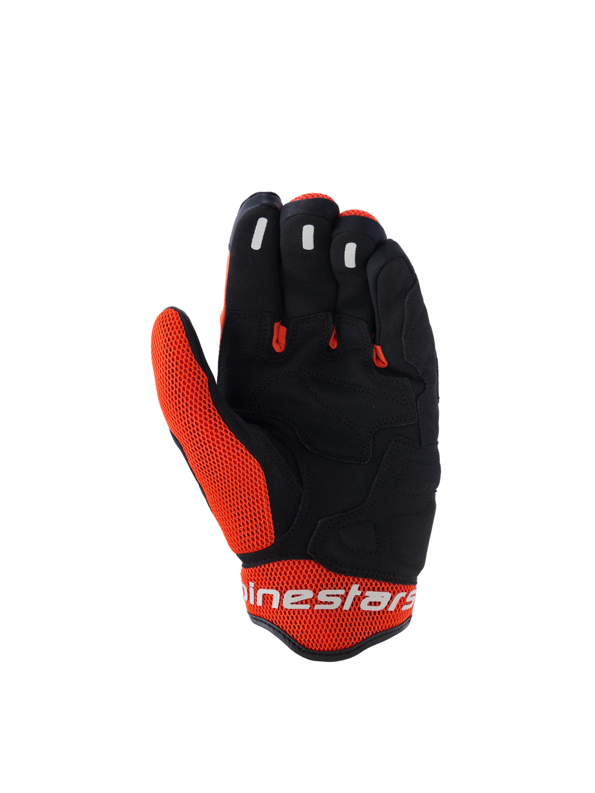 Alpinestars Mogress Airflow Gloves, rękawice motocyklowe, czarno-pomarańczowe, widok od strony dłoni przedstawiający czarną syntetyczną konstrukcję z pomarańczowymi wstawkami z siatki, silikonowe elementy na końcach palców, białe logo Alpinestars na mankiecie, miejski design na lato