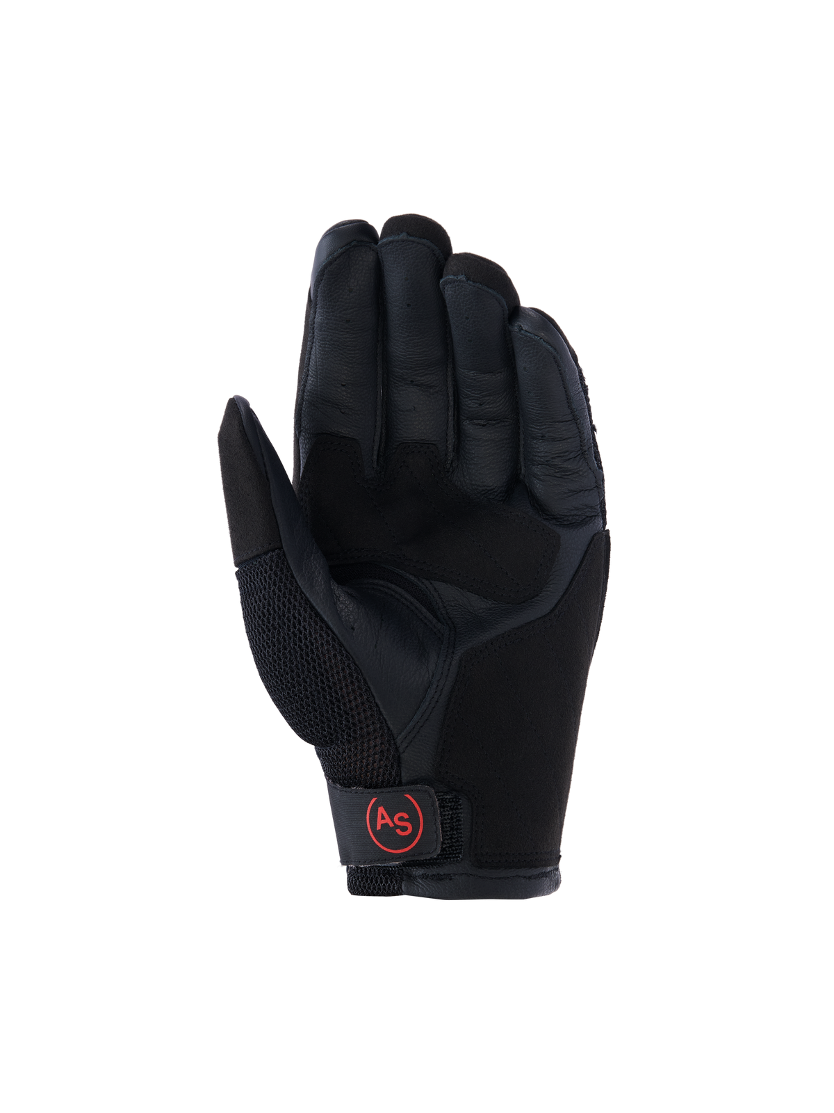 Alpinestars Manti Air Gloves, Adventure Motorcycle Gloves, Black, palm view featuring reinforced leather palm, breathable mesh on the thumb, and red circular 'AS' logo on the wrist closure.