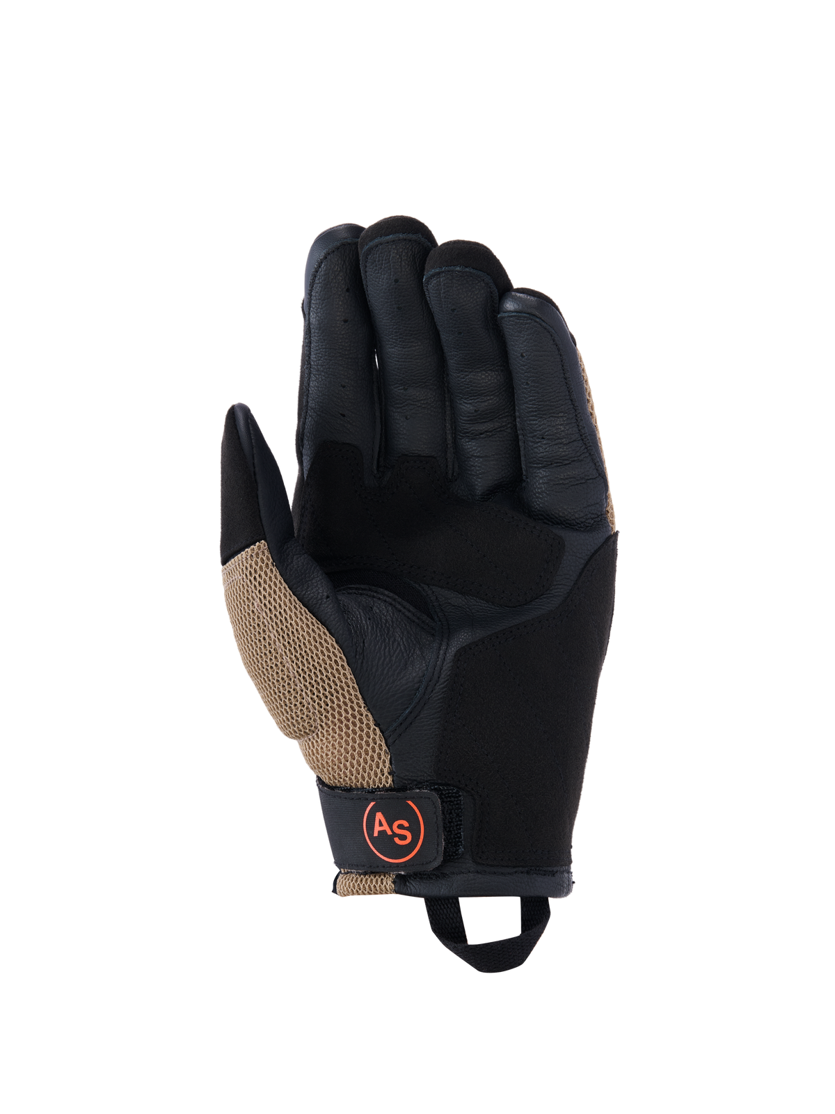Rękawice Alpinestars Manti Air, rękawice motocyklowe, ciemne khaki i czarne z pomarańczowymi akcentami Fluo, widok od strony dłoni z konstrukcją z syntetycznego zamszu, zewnętrzne szwy, oddychające wstawki z siatki i czarny pasek na nadgarstku z okrągłym pomarańczowym logo AS.