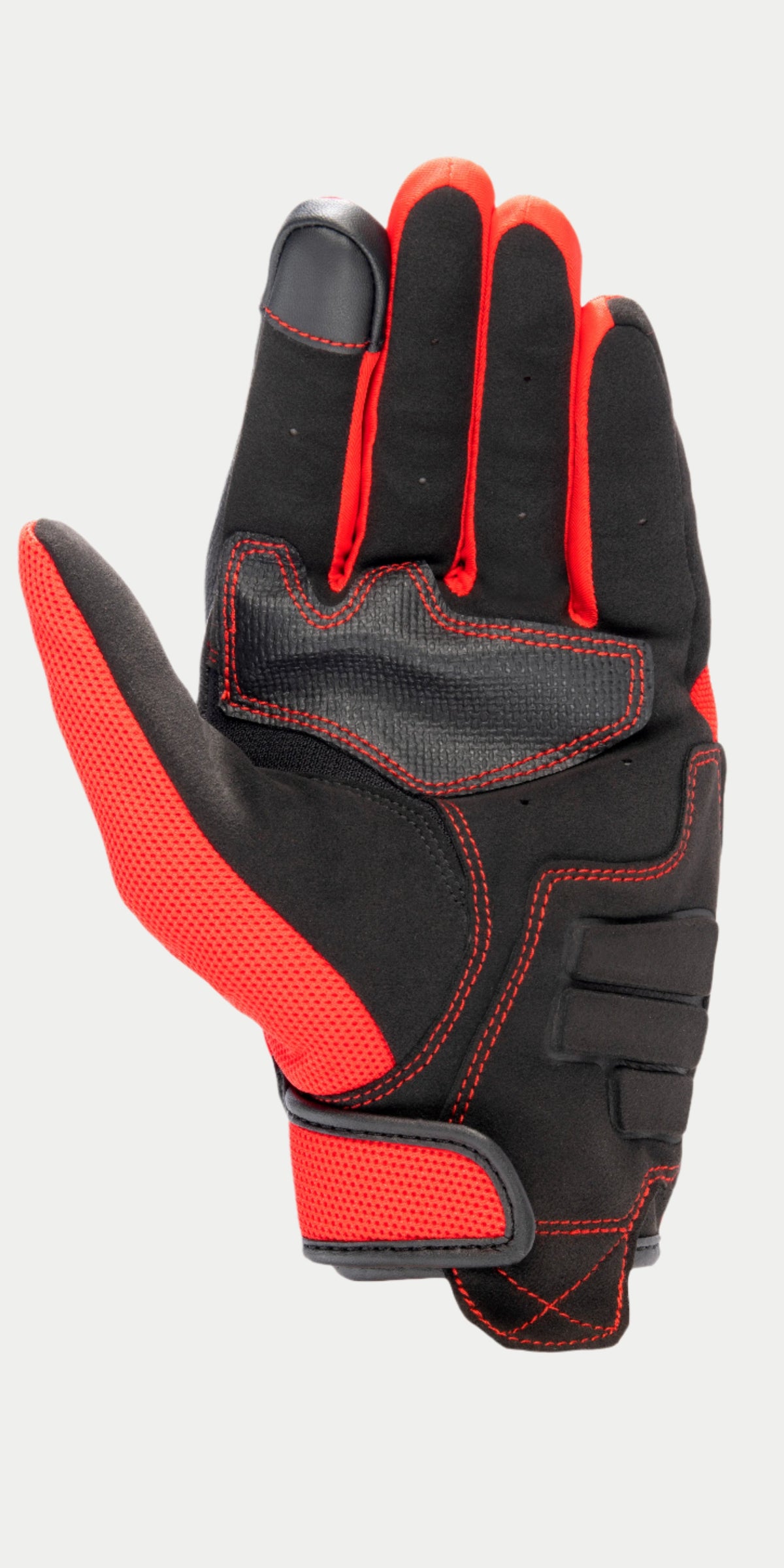 Alpinestars MM 93 Losail V2 Glove, rękawice motocyklowe, czarne i jaskrawoczerwone, widok od strony dłoni, konstrukcja z syntetycznego zamszu, wzmocnione czerwone szwy, opuszek palca kompatybilny z ekranem dotykowym, oddychająca czerwona siateczka na kciuku i pasku na nadgarstku