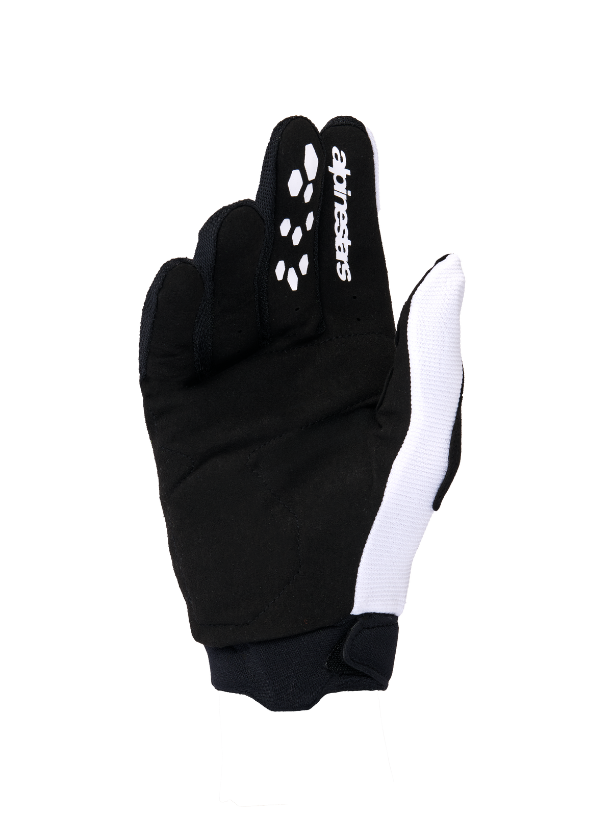 Alpinestars 2026 Woman Stella Full Bore V2 Gloves, damskie rękawice motocrossowe, widok od strony dłoni w kolorze czarnym i białym, konstrukcja z syntetycznego zamszu, silikonowe wzory na palcach zapewniające kontrolę, białe logo, bezpieczny neoprenowy mankiet