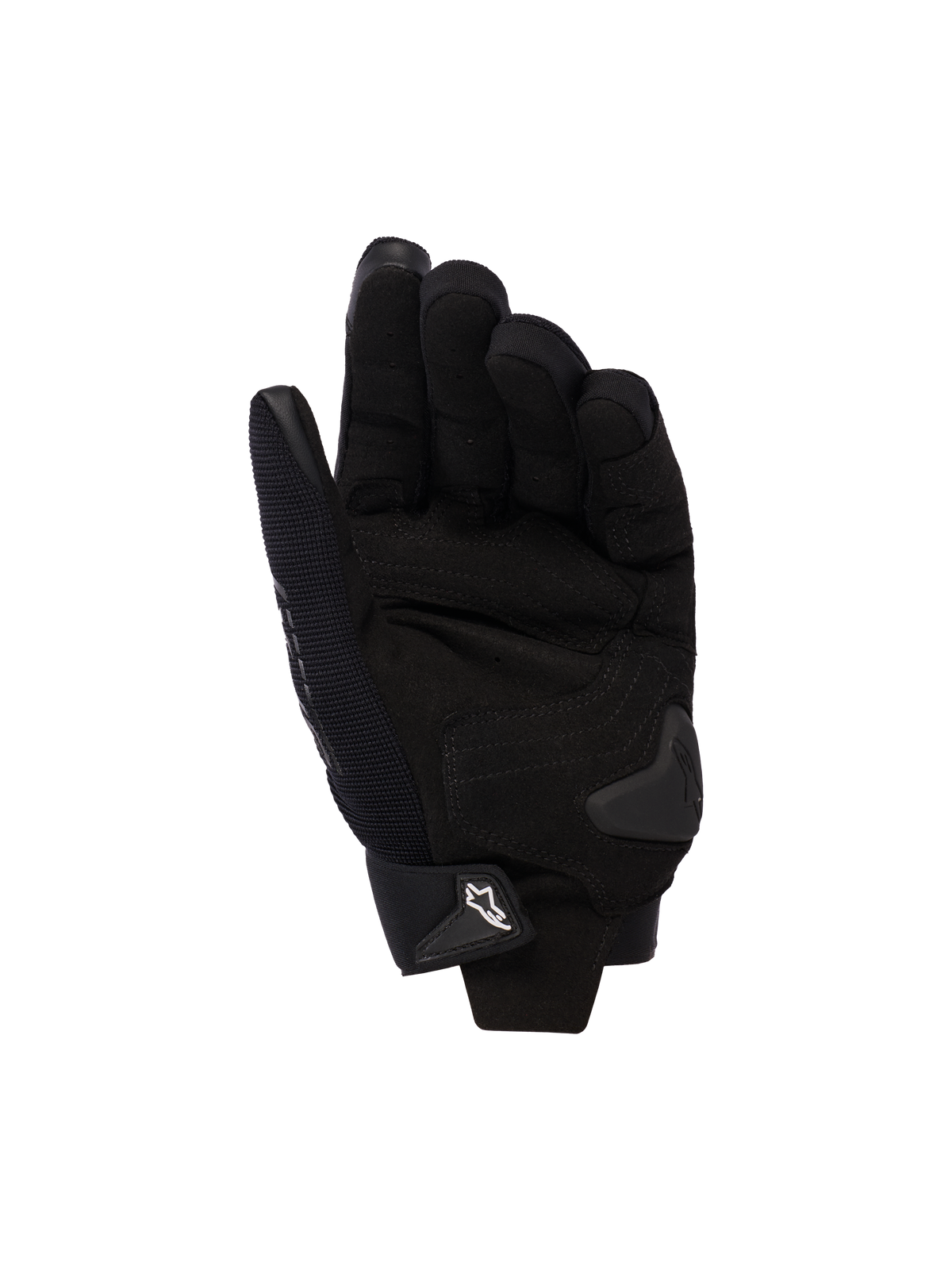 Damskie rękawice motocyklowe Alpinestars Stella SP X 3, czarne, widok dłoni ze wzmocnieniami ze skóry syntetycznej, ślizgaczem dłoni TPU i regulowanym zapięciem na nadgarstku z białym logo