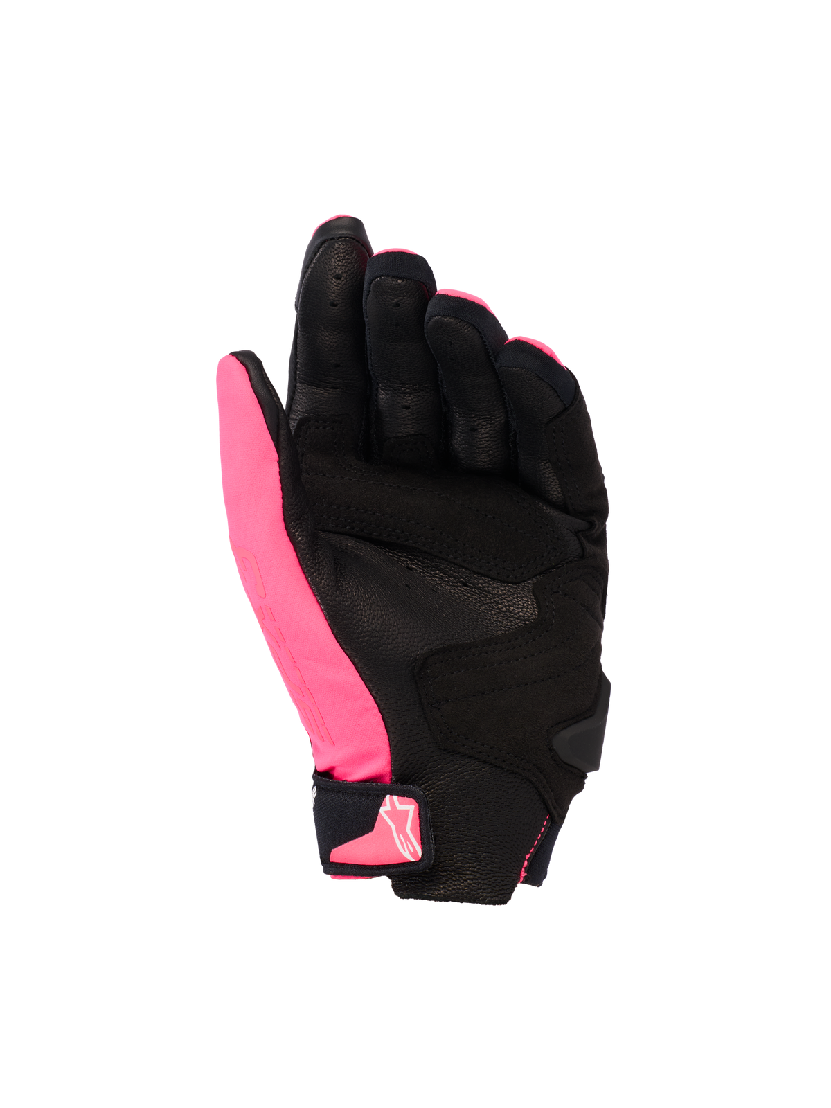 Alpinestars Stella SP X 3 Gloves, Women's Motorcycle Gloves, Diva Pink Black and White, palm view showing perforated leather and synthetic overlays, black palm with pink thumb, velcro wrist closure with pink logo, ergonomic sport design