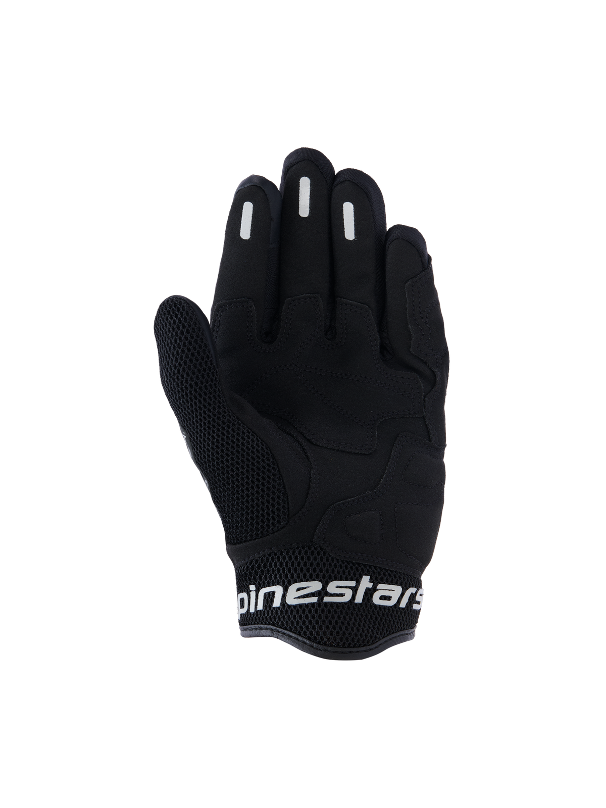 Rękawice Alpinestars Stella Mogress Airflow, damskie miejskie rękawice motocyklowe, czarne, widok od strony dłoni z syntetycznym wzmocnieniem, oddychająca siatka 3D na kciuku i mankiecie, białe logo Alpinestars na krótkim mankiecie.