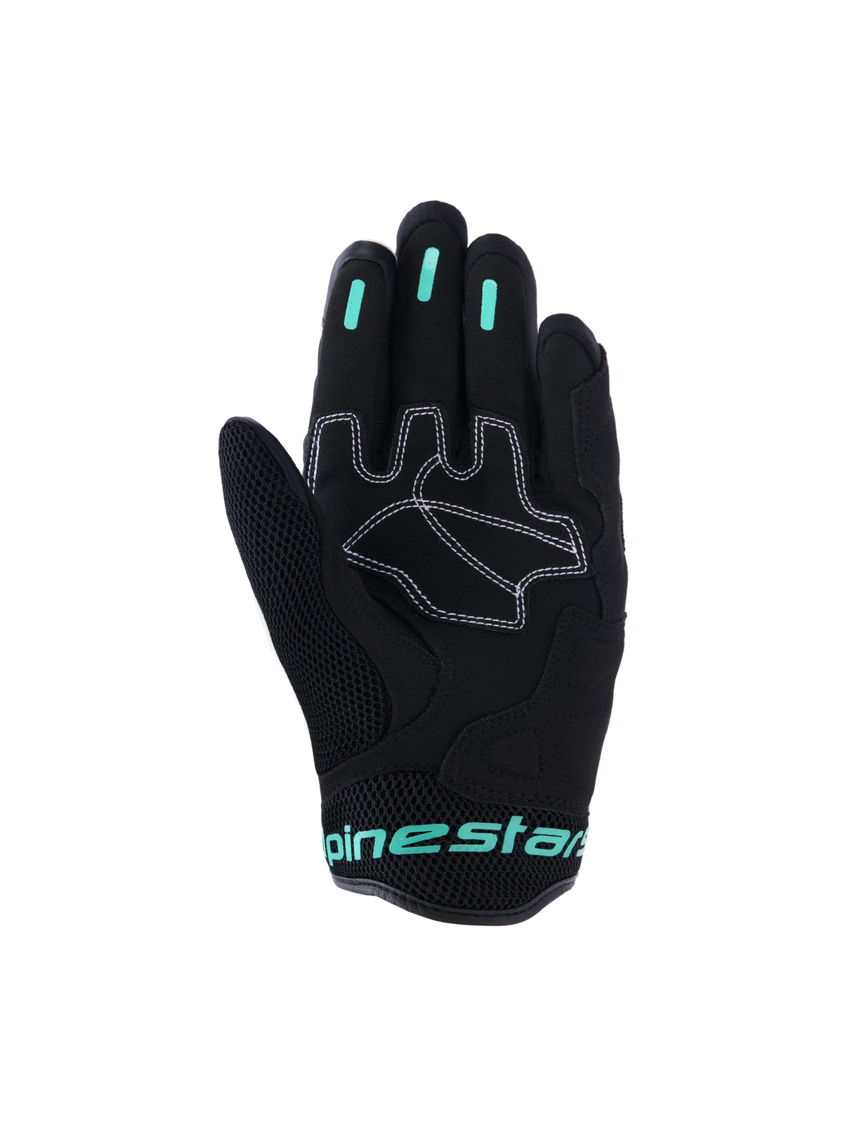 Alpinestars Stella Mogress Airflow Gloves, Women's Urban Motorcycle Gloves, Black with Tropical Teal accents, palm view showing synthetic palm reinforcements with white stitching, mesh thumb area, and silicone grip inserts on fingers.