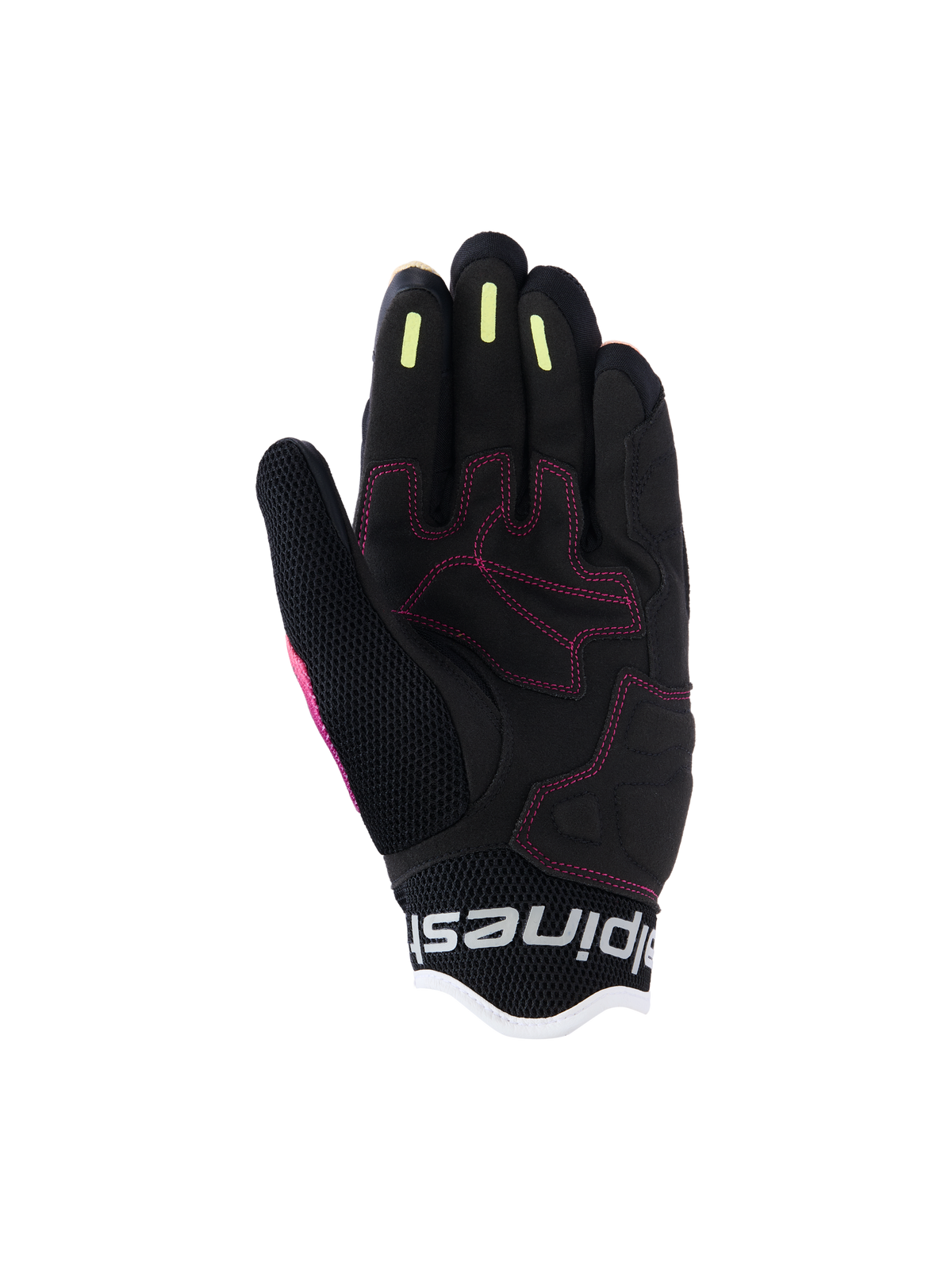 Alpinestars Stella Mogress Airflow Woman, miejskie rękawice motocyklowe, Fading Coral Black, szczegółowy widok dłoni z różowymi przeszyciami, żółtymi silikonowymi paskami na palcach i oddychającą konstrukcją z siateczki.