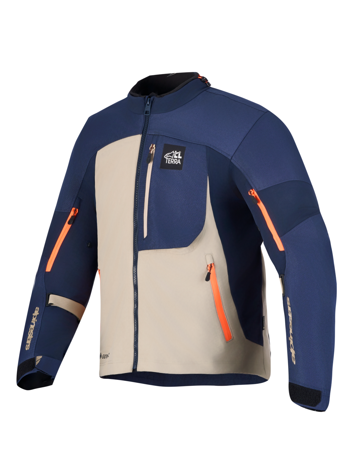 Alpinestars Arenis GORE-TEX Jacket, turystyczna kurtka motocyklowa w kolorze granatowym i beżowym z pomarańczowymi zamkami, konstrukcja GORE-TEX