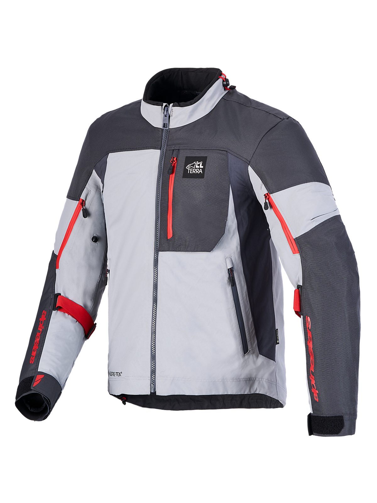 Alpinestars Arenis Gore-Tex Jacket, kurtka motocyklowa adventure touring, szara i czarna z czerwonymi akcentami, certyfikowana CE, laminowana konstrukcja GORE-TEX