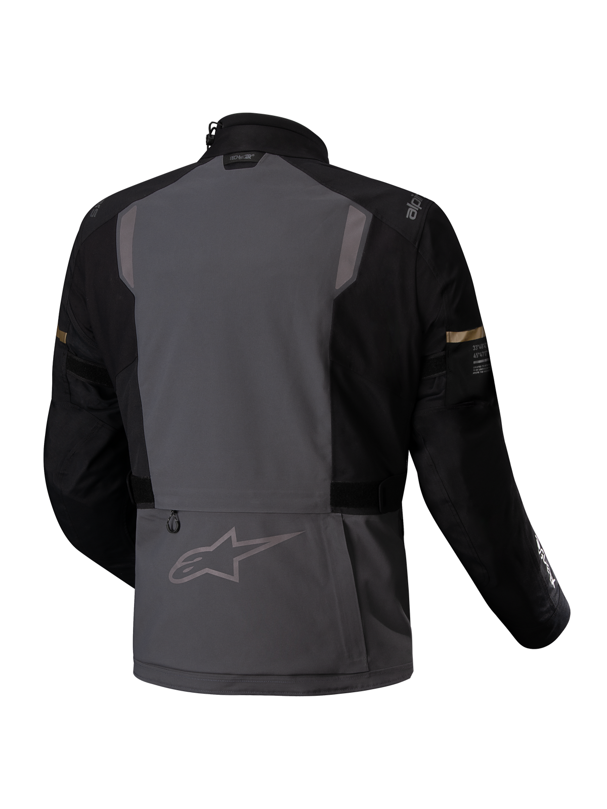 Alpinestars Kurtka ST-7 2L GORE-TEX, motocyklowa kurtka turystyczna adventure, widok z tyłu przedstawiający ciemnoszarą i czarną kolorystykę z elementami odblaskowymi i certyfikatem CE