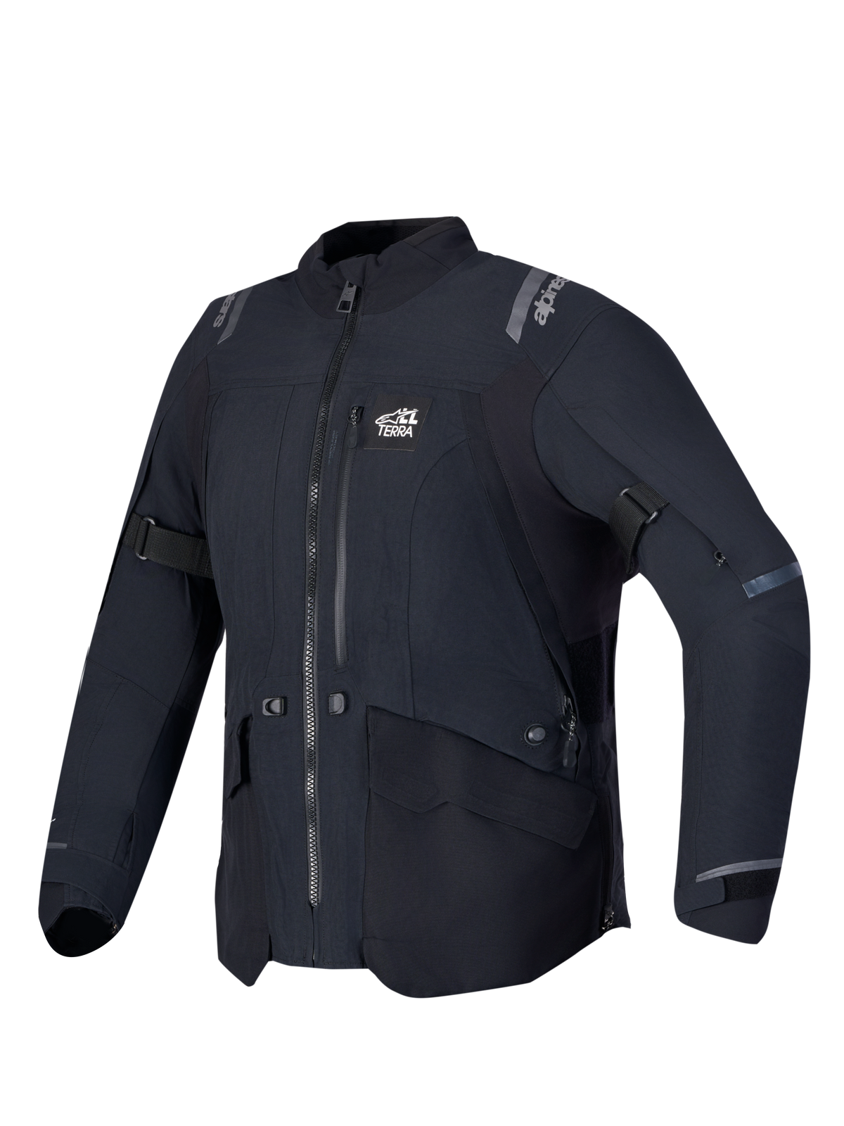 Alpinestars Stella ST-7 V2 2L GORE-TEX damska kurtka motocyklowa turystyczna, czarna, widok z przodu przedstawiający wodoodporną konstrukcję tekstylną, pełny zamek błyskawiczny i kieszeń na piersi z logo Alpinestars