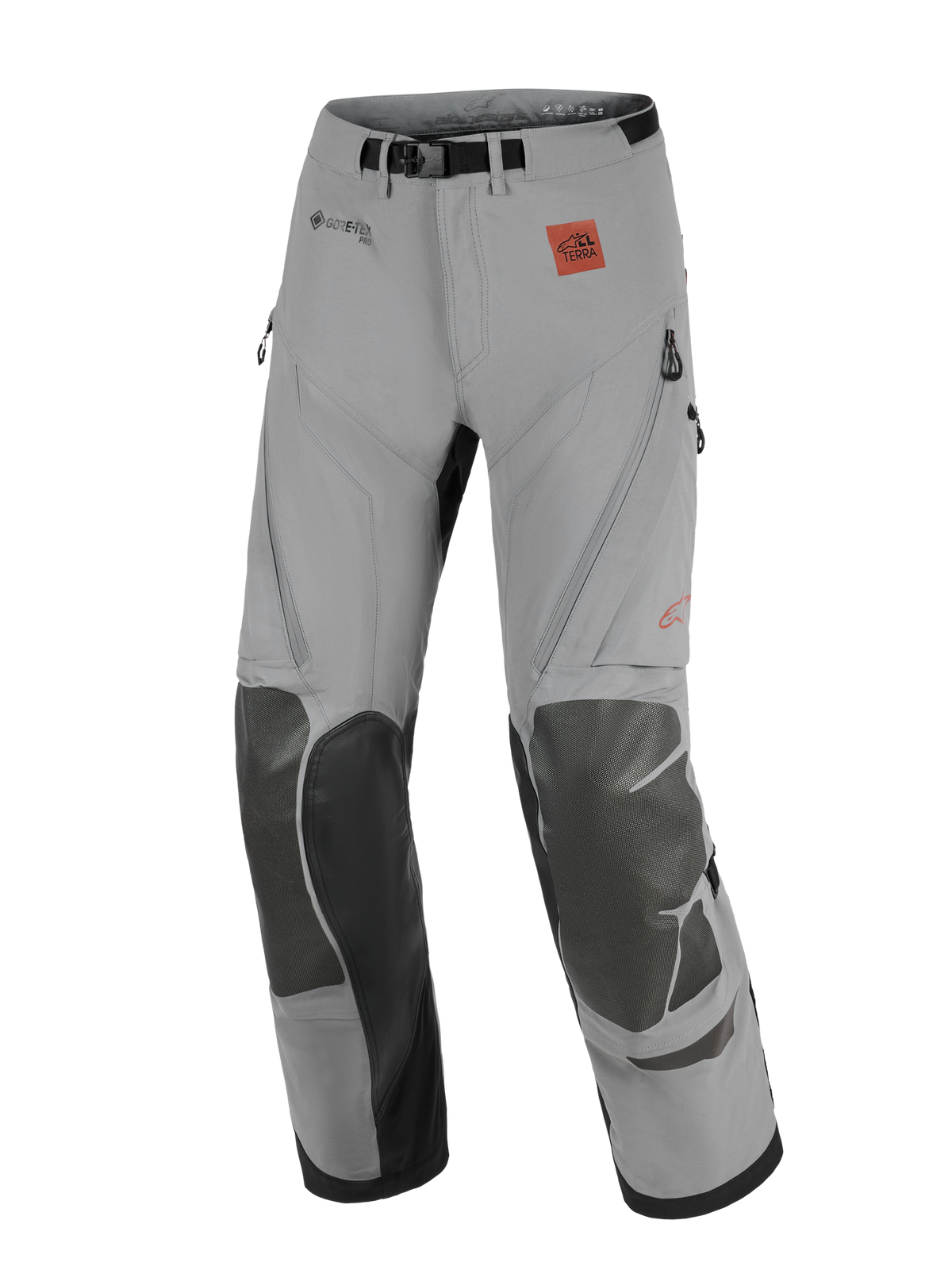 Alpinestars Nazca 3L GORE-TEX PRO Pants, motocyklowe spodnie adventure, ciemnoszare i czarne, wzmocnione panele na kolanach, logo GORE-TEX PRO i All Terra, techniczny design do jazdy terenowej i turystycznej