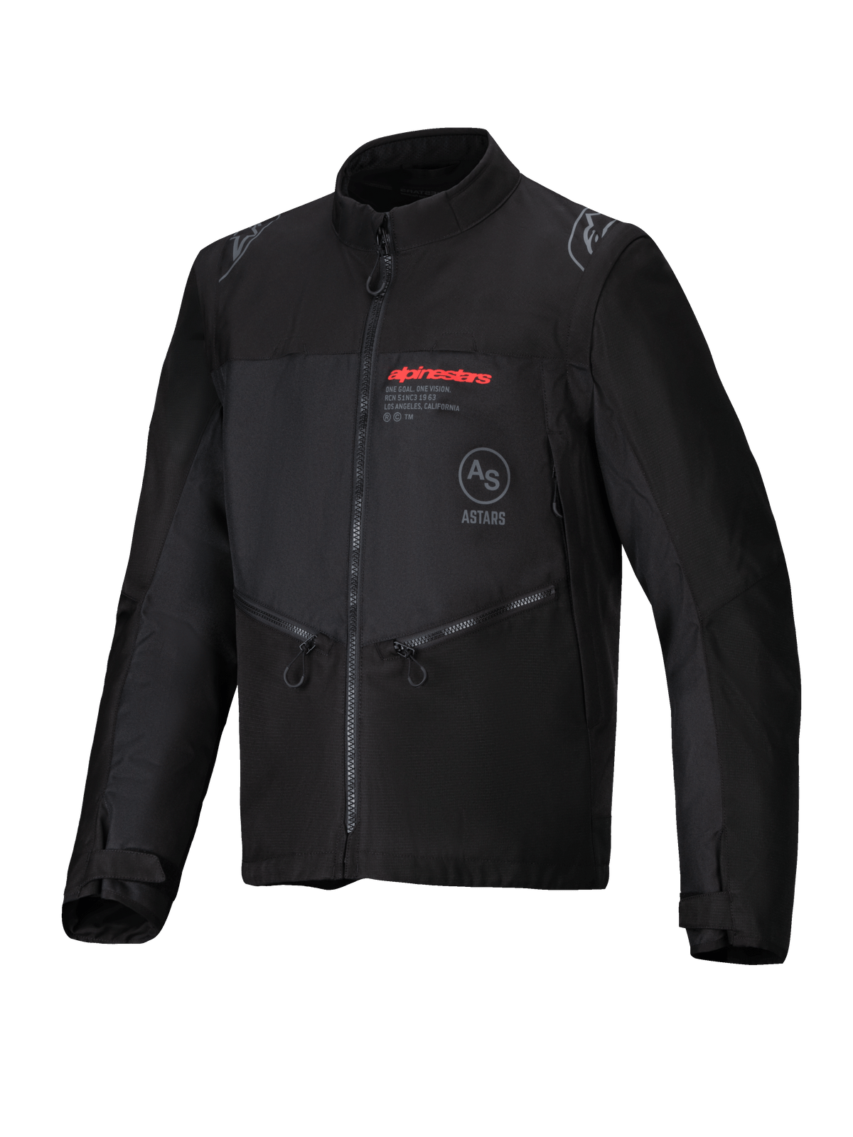 Alpinestars Pro-Dura Jacket, czarna kurtka motocyklowa off-road, wykonana z wytrzymałego materiału ripstop, czerwone logo Alpinestars na piersi, skośne kieszenie na zamek, detale z logo gwiazdy na ramionach