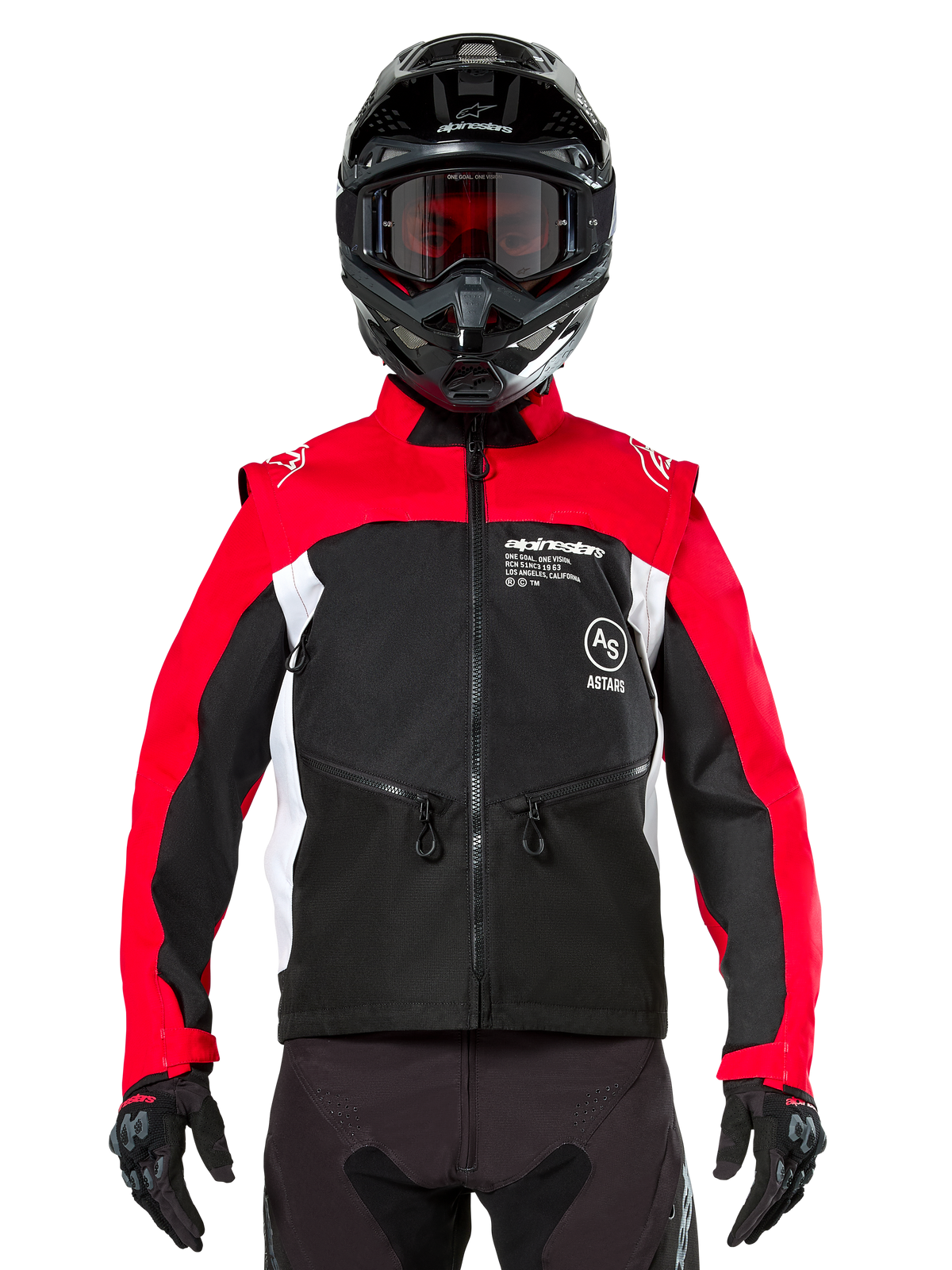 Alpinestars Pro-Dura Jacket, Off-Road Motorcycle Jacket, Black Bright Red and White, worn by a rider with a black motocross helmet and goggles, featuring a durable ripstop construction and white side panels, designed for enduro and trail riding