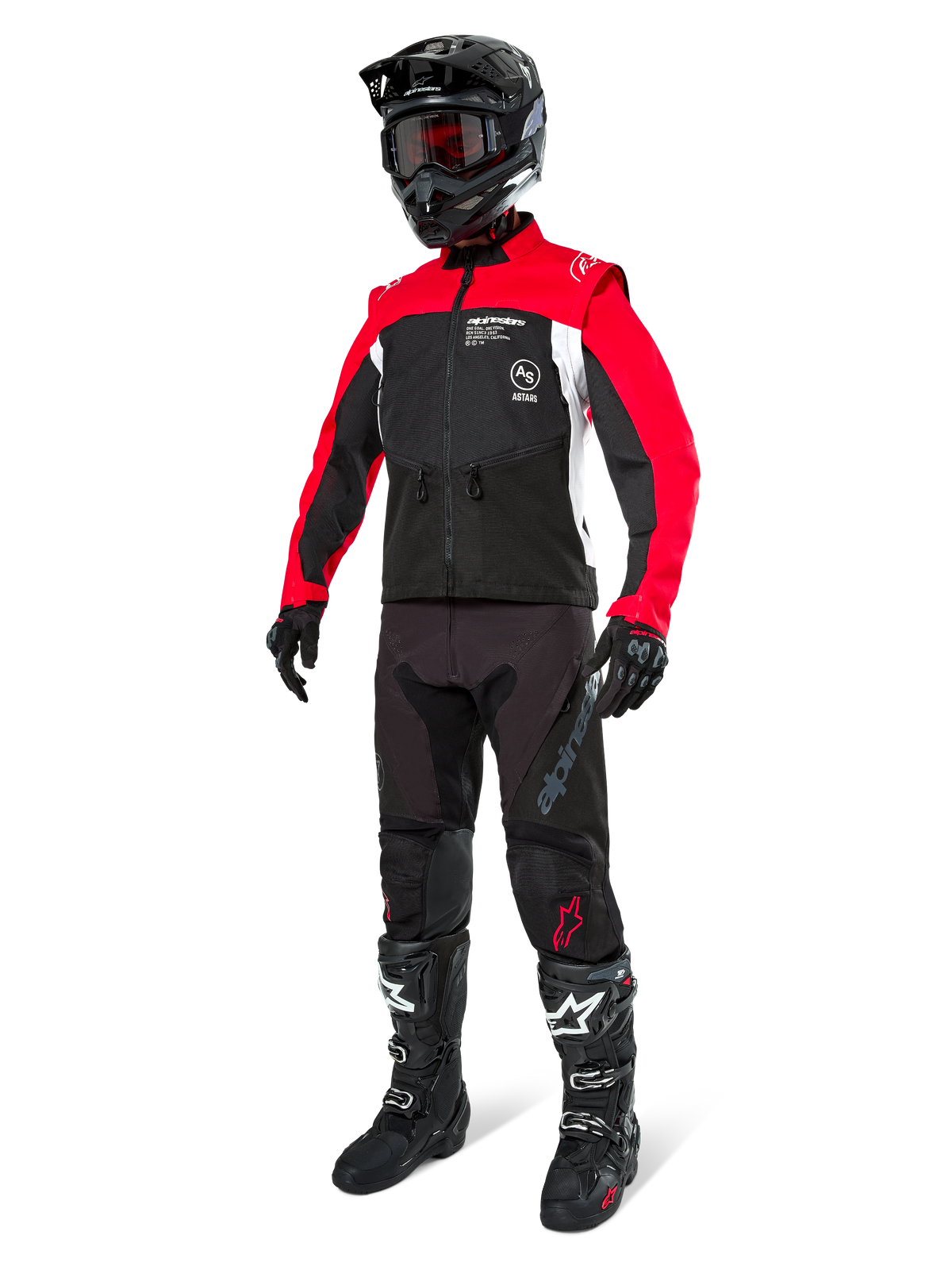 Alpinestars Pro-Dura Jacket, Off-Road Motorcycle Jacket, Black Bright Red and White, worn with complete racing gear including black helmet with red goggles, black pants, and black and white boots, durable textile outfit for enduro and trail riding