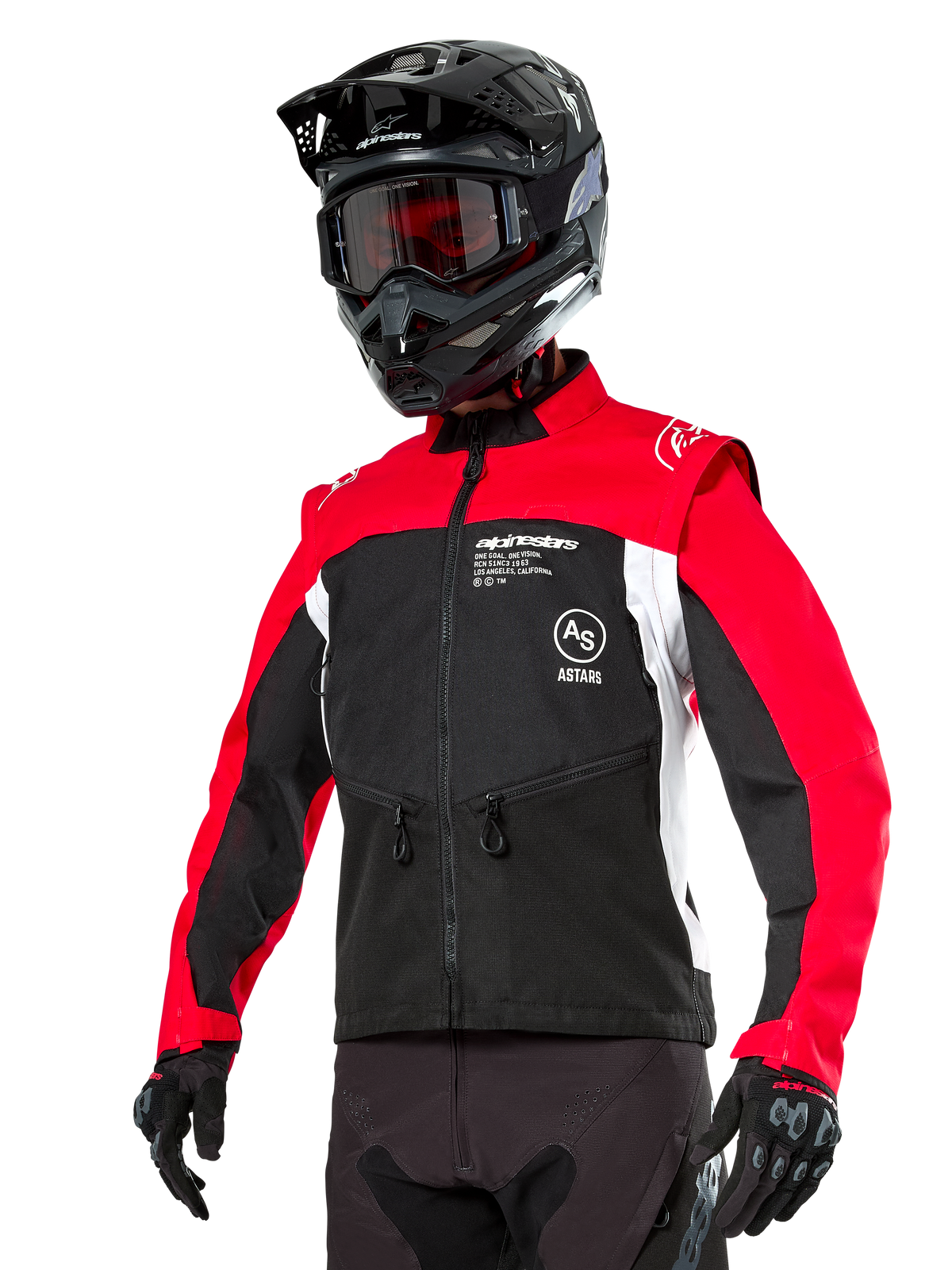 Alpinestars Pro-Dura Jacket, Off-Road Enduro Motorcycle Jacket, Black with Bright Red and White color blocking, worn by a rider with a black helmet and goggles, featuring front zippered pockets and Alpinestars branding, durable textile construction for trail riding