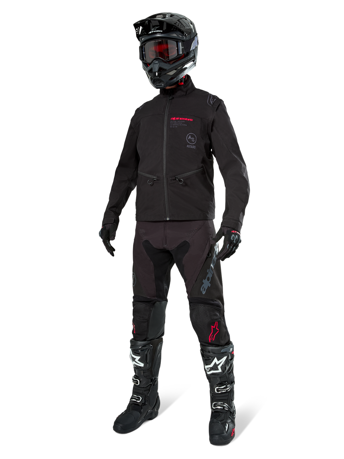Alpinestars Lite-Dura Softshell Jacket, Black, worn by a mannequin as part of a complete off-road gear set including black pants, black and white boots, black helmet with red goggles, professional motocross and enduro apparel.