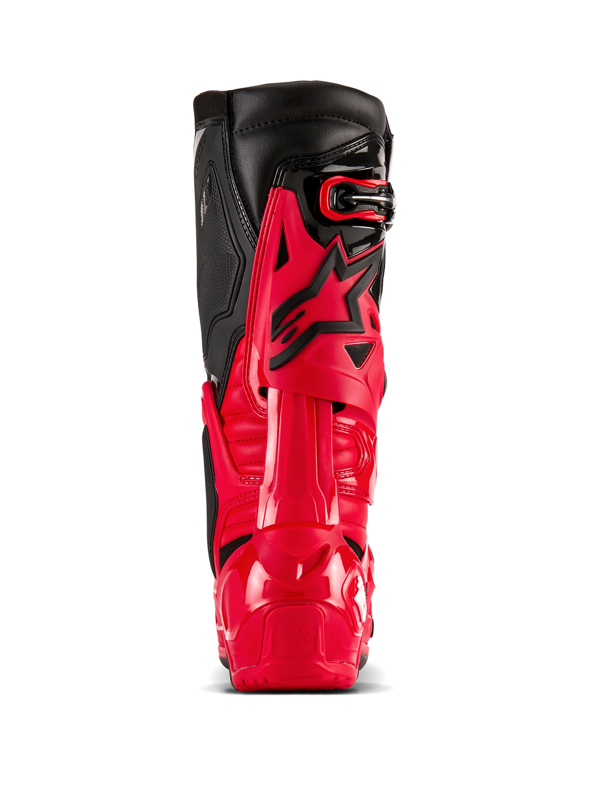Alpinestars Tech 10 Enduro Boots, Bright Red and Black, rear view showcasing the Dynamic Heel Compression Protector and flexion frame, professional off-road motocross gear with a durable TPU shell and black leather upper panels