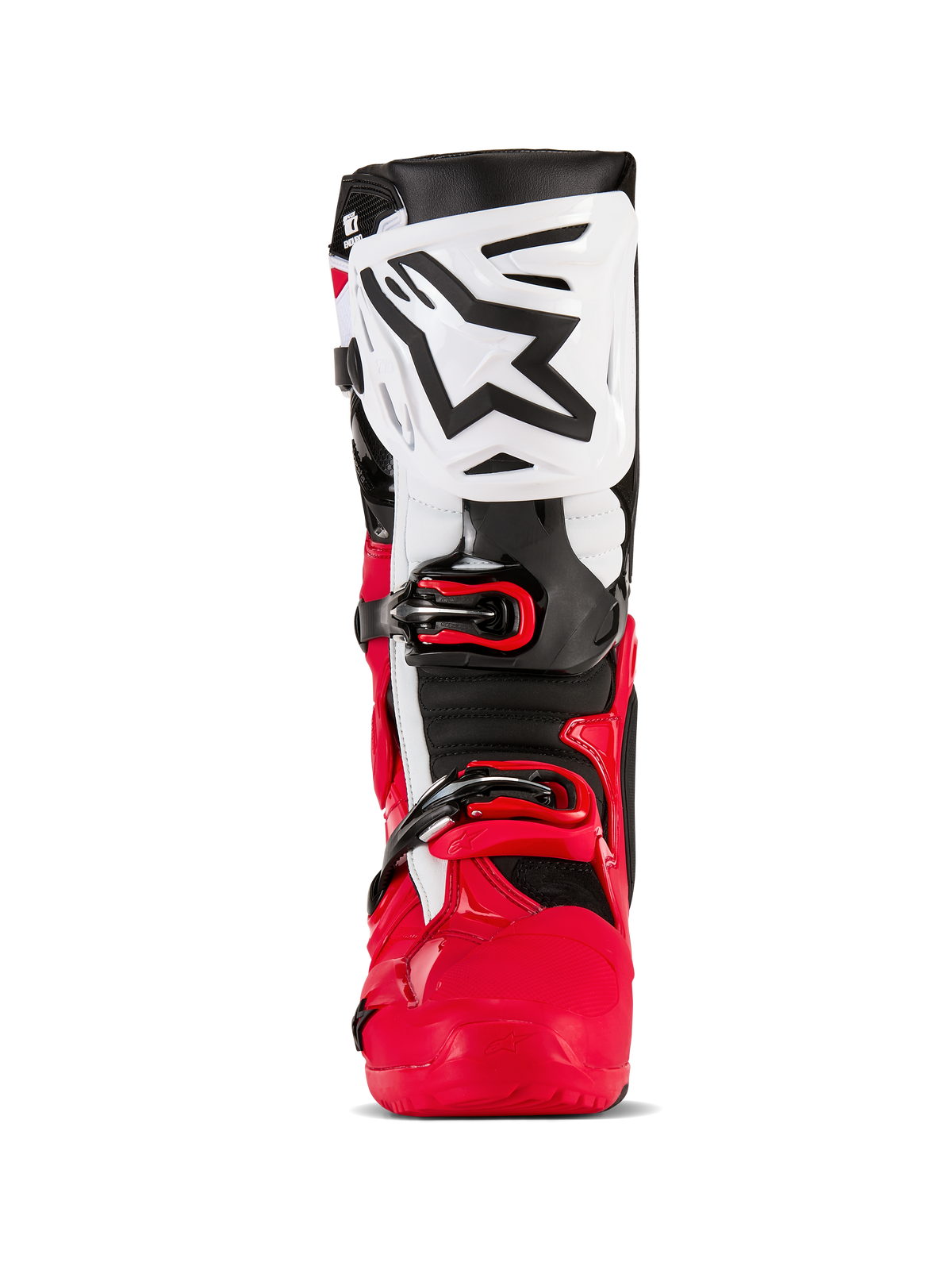 Alpinestars Tech 10 Enduro Boots, Motocross and Enduro Boots, Bright Red Black and White, front-facing view featuring a white shin plate with a black Alpinestars logo, red lower chassis, and secure buckle closure system, high-performance protective gear for off-road riding