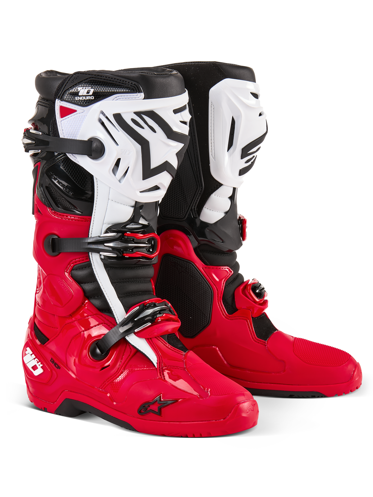 Alpinestars Tech 10 Enduro Boots, Motocross and Enduro Boots, Bright Red Black and White, white shin plates with black Astars logo, black buckles and straps, durable design for off-road racing