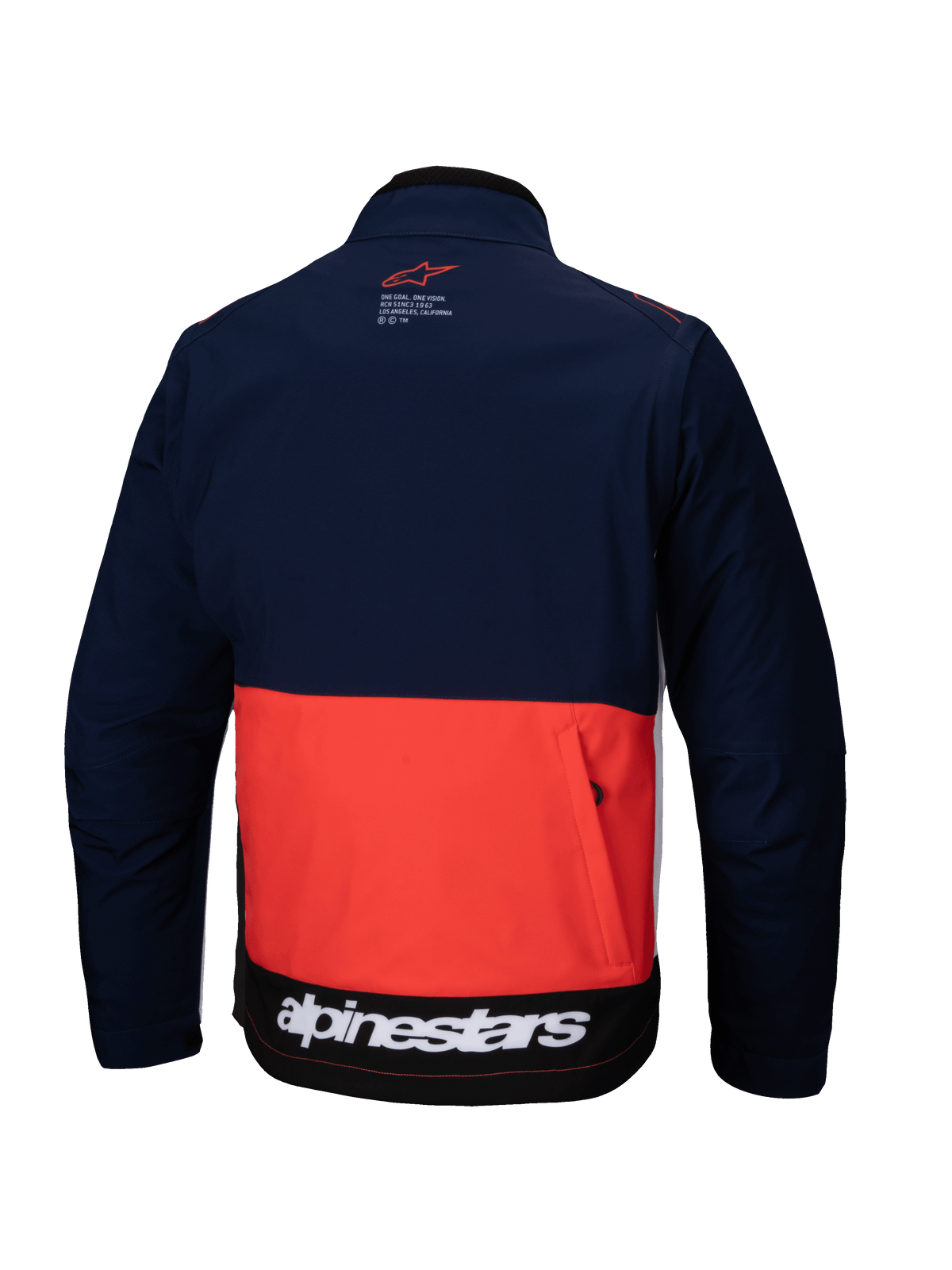 Kurtka Alpinestars Lite-Dura Softshell w kolorze granatowym, intensywnie pomarańczowym i białym, widok z tyłu prezentujący wielokolorowy design, duża tylna kieszeń na zamek oraz białe logo Alpinestars na dolnej krawędzi