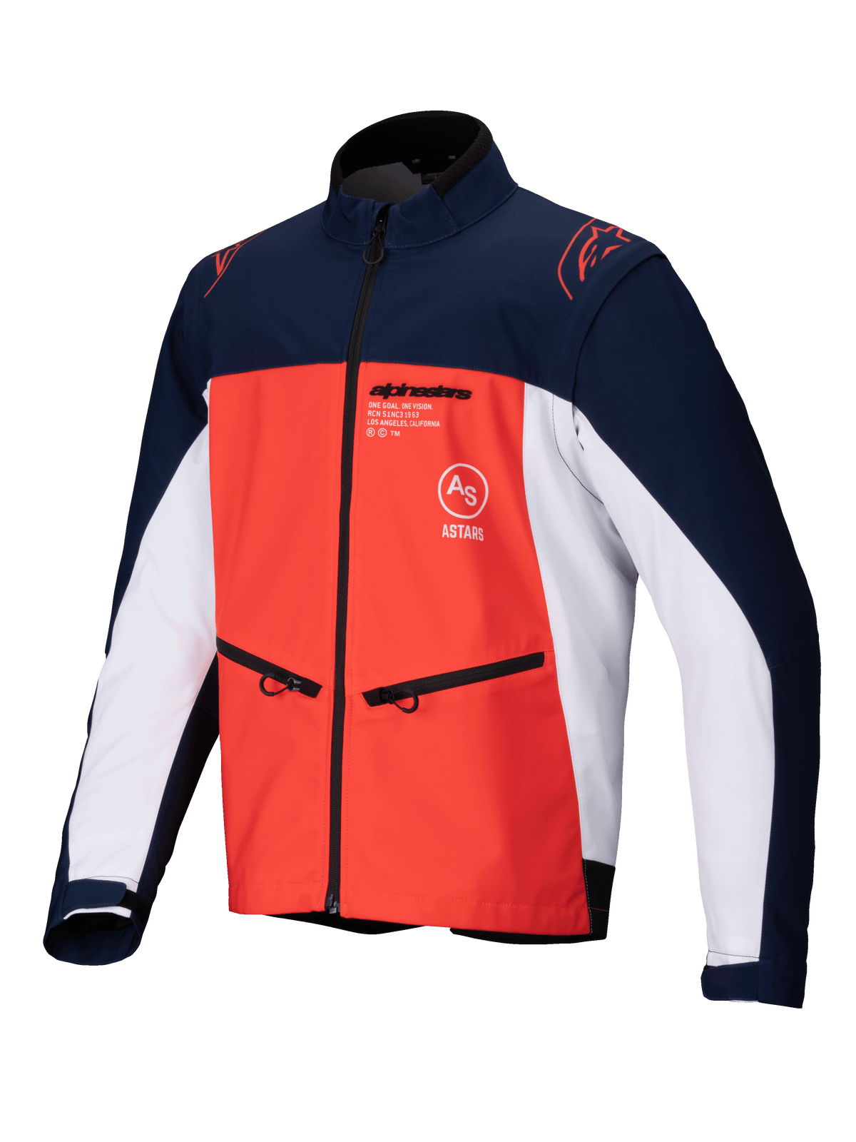 Alpinestars Lite-Dura Softshell Jacket, techniczna kurtka off-road, granatowa z jaskrawopomarańczowymi i białymi panelami, widok z przodu, kieszenie na zamek, logo na piersi, wytrzymały elastyczny materiał do jazdy enduro