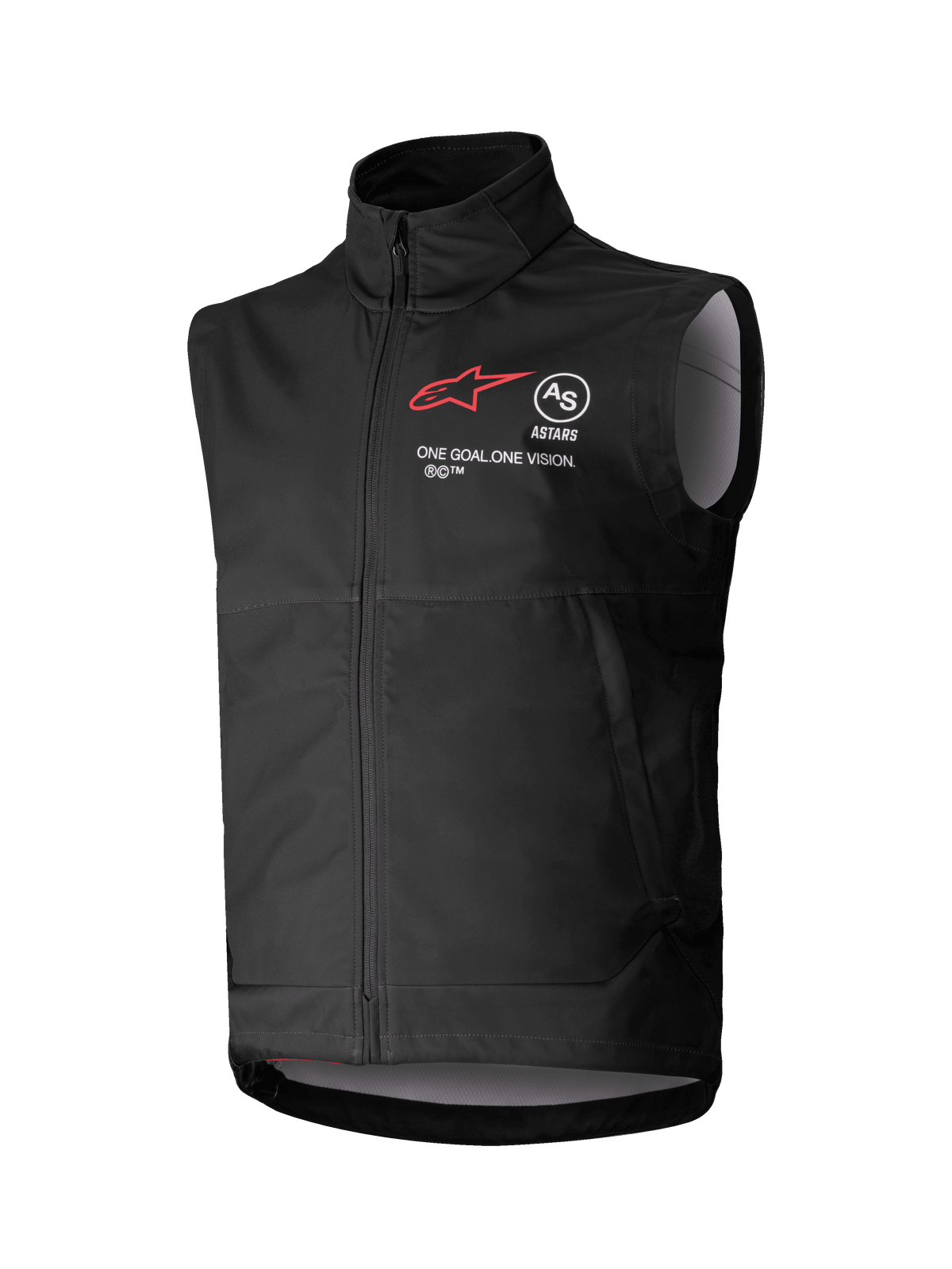 Alpinestars Techstar Softshell Vest, czarna kamizelka motocrossowa bez rękawów, wysoki kołnierz i zamek z przodu, czerwone logo gwiazdy z napisami „ASTARS” i „ONE GOAL. ONE VISION.” na piersi, lekka wiatroszczelna tkanina softshell z jasnoszarą podszewką, przeznaczona do jazdy terenowej