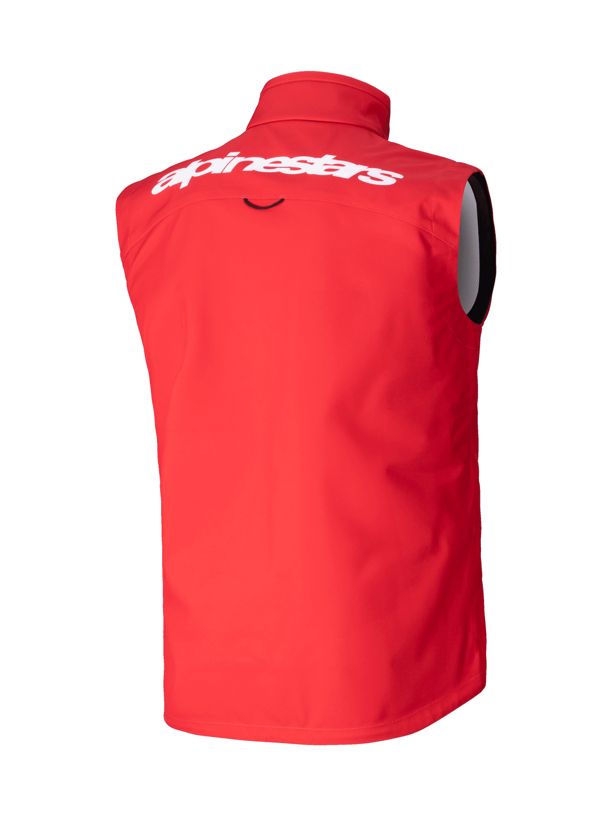 Kamizelka Alpinestars Techstar Softshell, kamizelka motocrossowa, jasnoczerwona, widok z tyłu z białym napisem Alpinestars na górnej części pleców, wiatroszczelny elastyczny materiał softshell, ergonomiczny krój bez rękawów do jazdy off-road